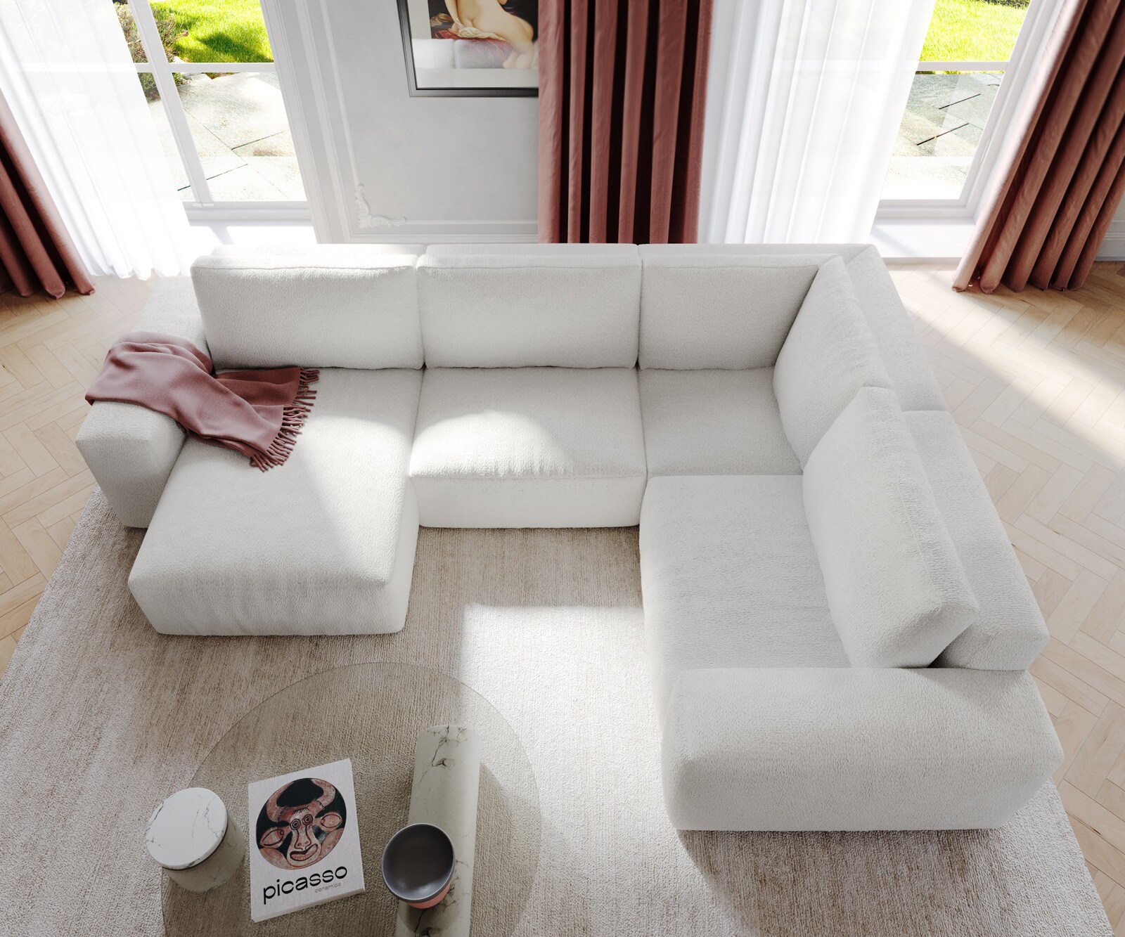 Grand canapé d’angle Lanzo 300x210 cm bouclé blanc crème méridienne réversible avec pouf 3