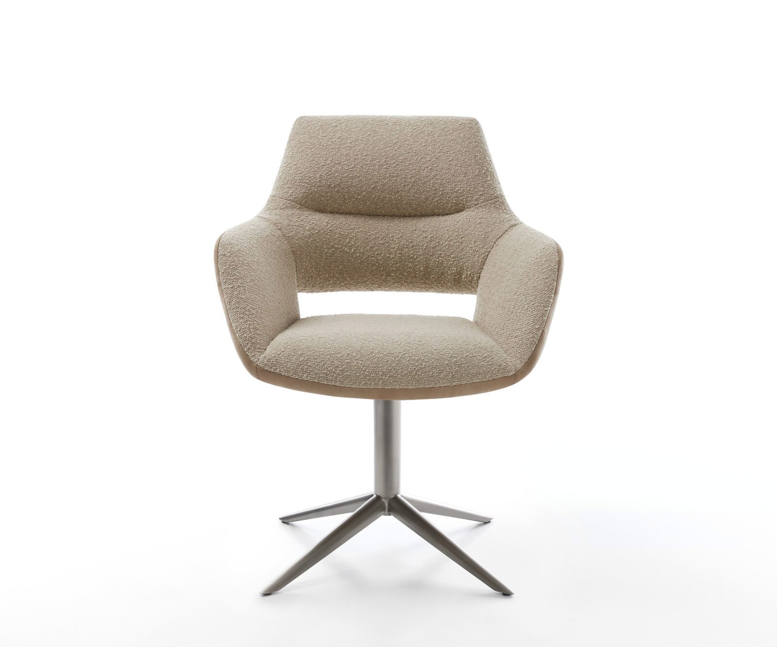 Chaise-pivotante Yago-Flex avec accoudoirs tissu mixte couleur boue pied de chaise 4 branches acier inoxydable brossé pivotement sur 360° fonction bascule ressorts ensachés 2