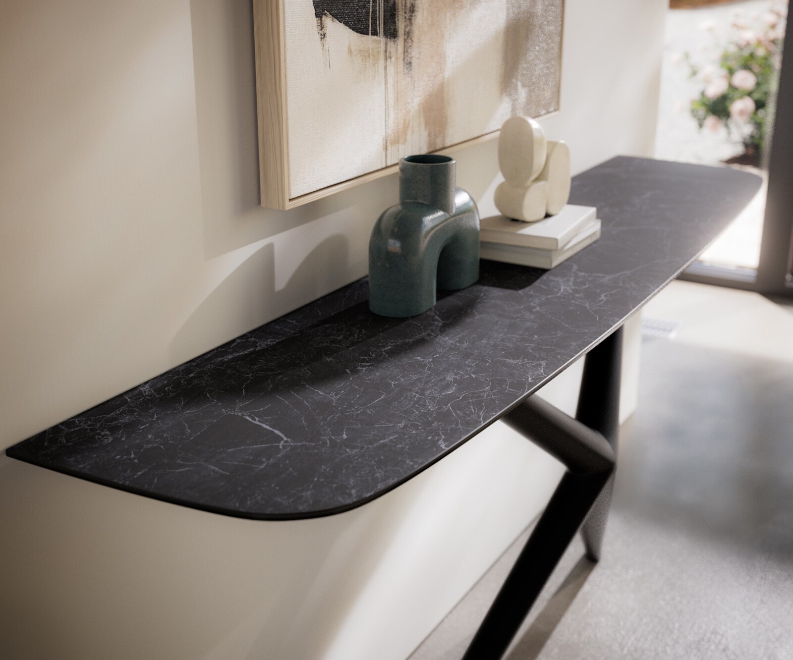 Console Edge forme bateau 180x40 cm Céramique Laminam® Nero Greco Anthrazit Estelo Métal Noir 2