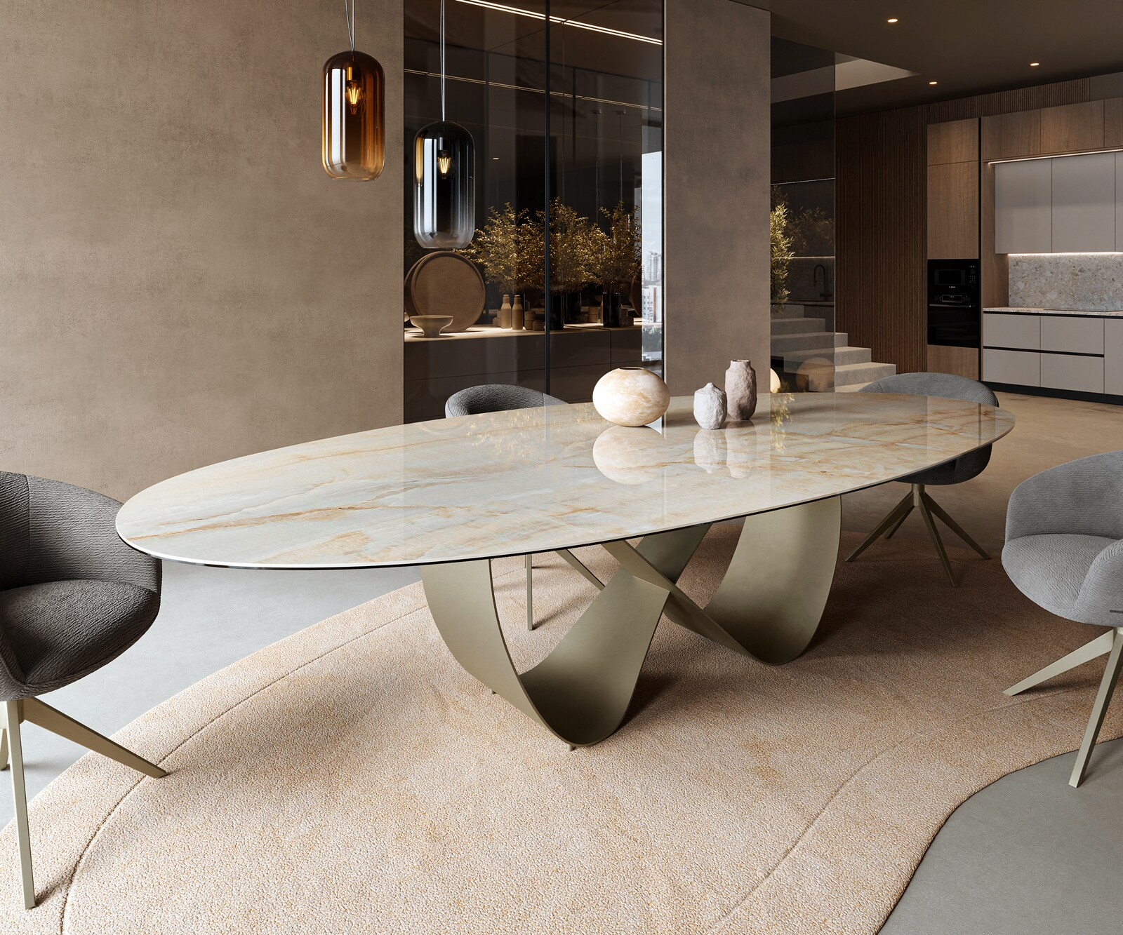 Table à manger Edge Oval 315x150 cm Céramique Iris FMG Onice Oro Infinity Métal Finition effet Titan 1