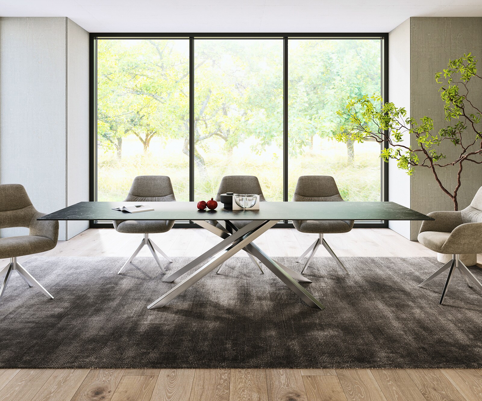 Table-à-manger Edge 300x100cm Laminam® céramique gris pieds milieu croisé argent 1