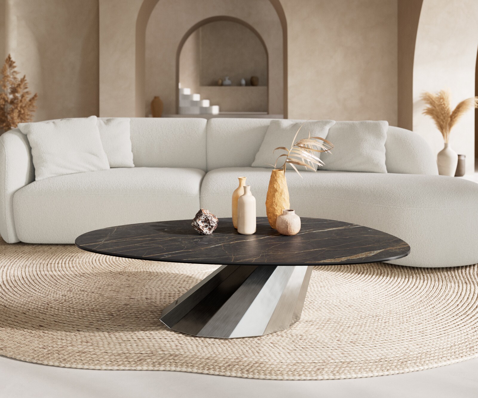 Table basse Edge Oval 140x75 cm céramique Laminam® Noir Desir brun Parabi acier inoxydable brossé 2