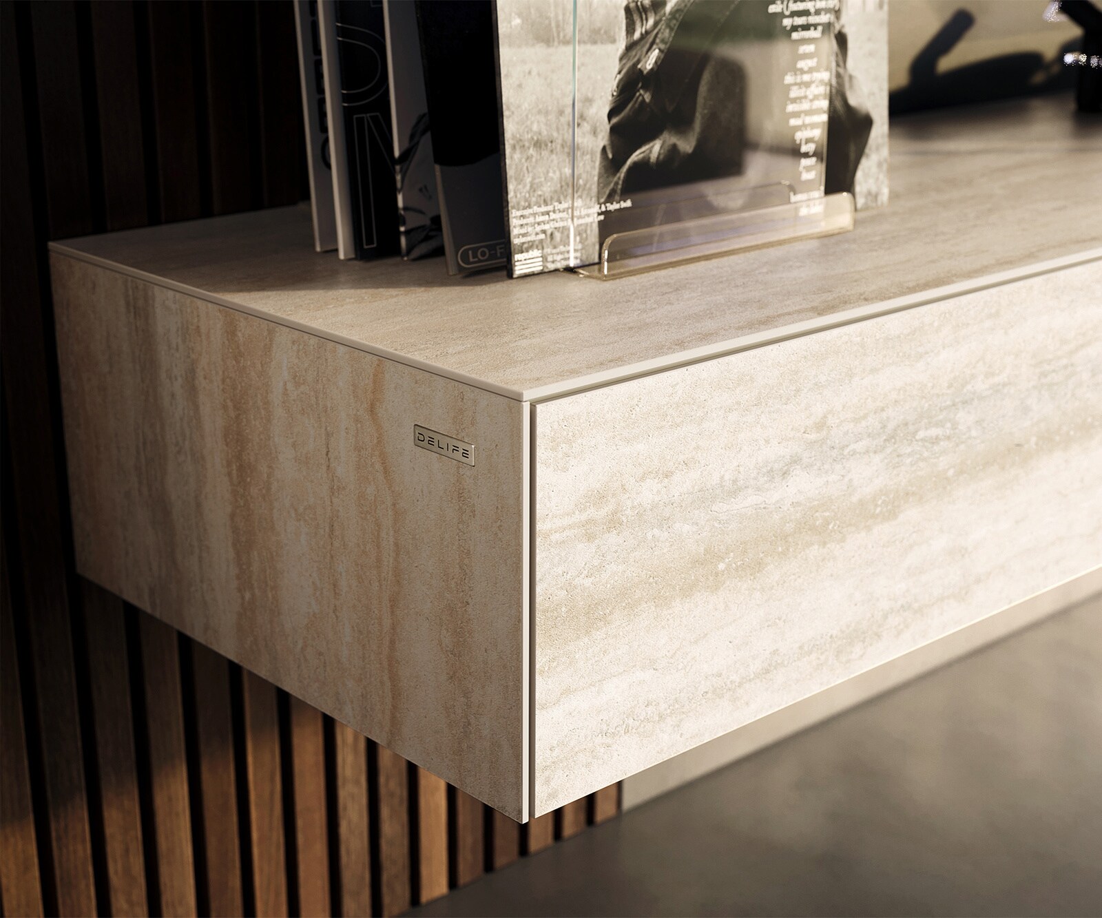 Meuble-TV Cuor 150 cm Céramique Laminam® Travertino Bianco Crème-blanc 1 Clapet 1 Tiroir Flottant 5