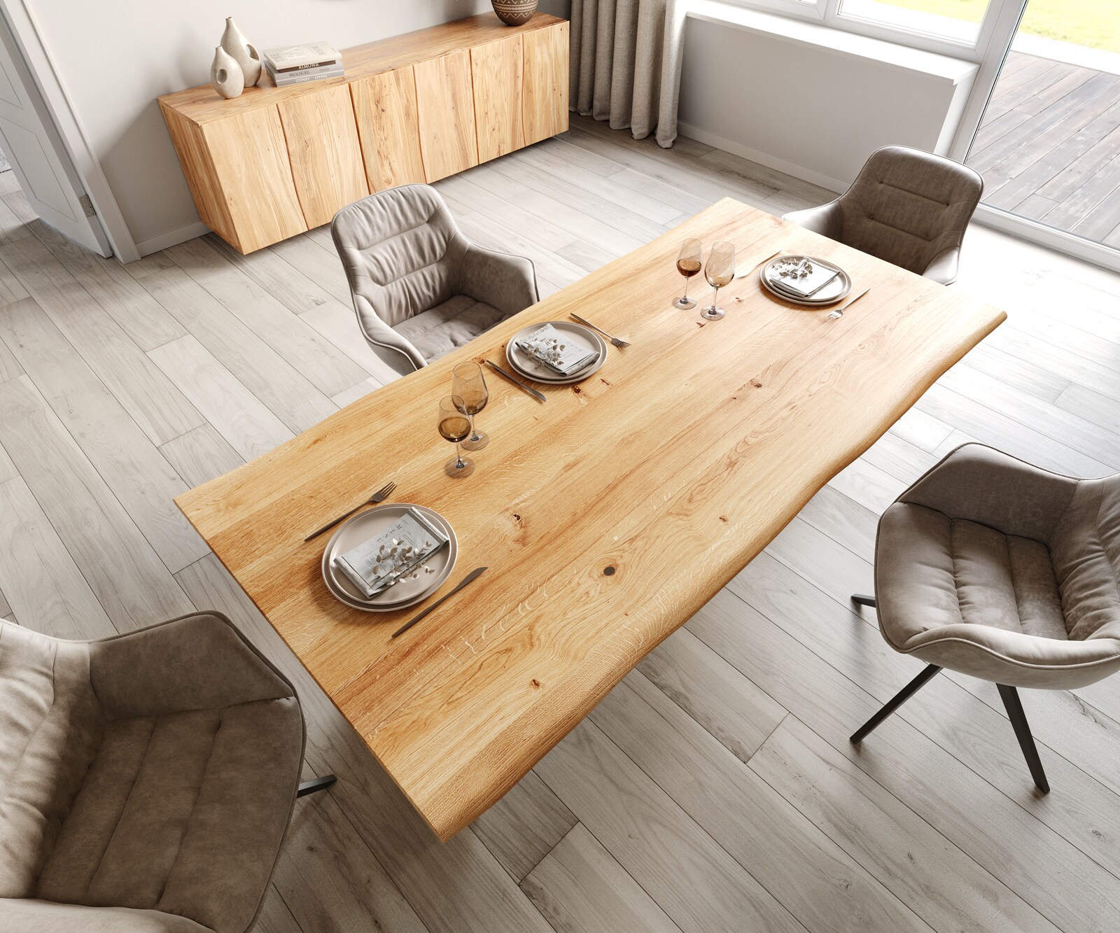 Table de salle à manger Edge 200x100x2,5-3 chêne naturel piétement en V acier plat noir Live-Edge 3