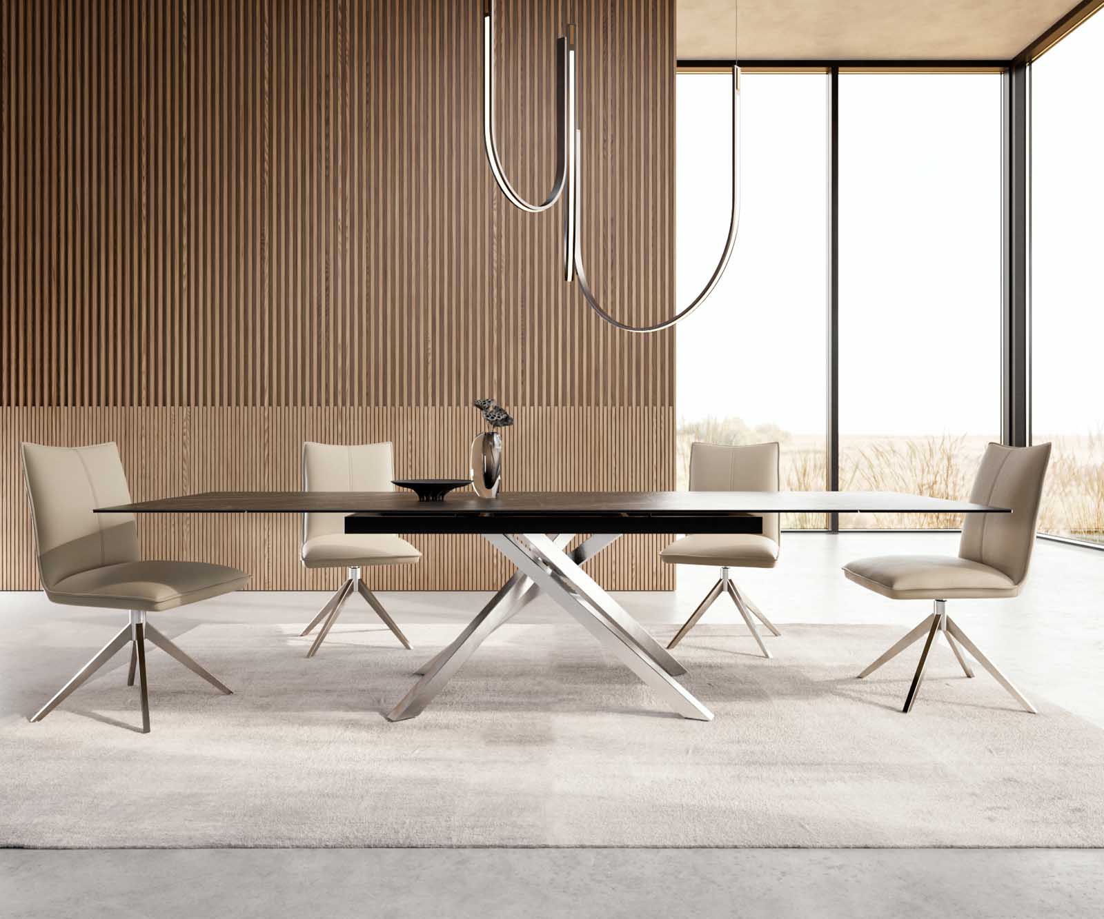 Table à manger Edge 200-300x100 céramique Laminam®Noir Desir marron cadre croisé rectangulaire acier inoxydable extensible 1