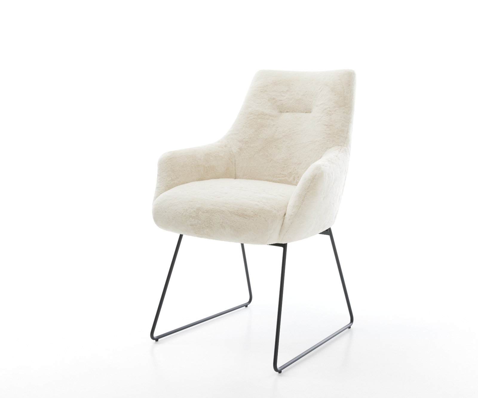 Chaise-de-salle-à-manger Alja-Flex avec accoudoirs peluche crème-blanc pied trapèze noir resorts ensachés 1