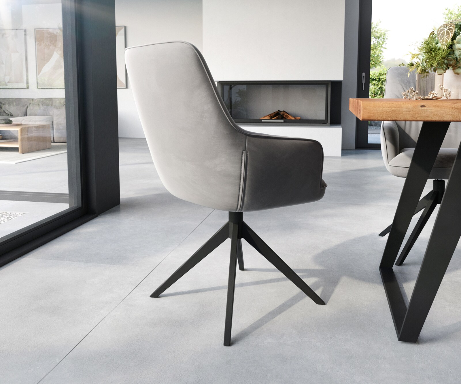 Chaise-de-salle-à-manger Zelia-Flex avec accoudoirs velours gris pied croisé large noir ressorts ensachés 4 Chaise-de-salle-à-manger Zelia-Flex avec accoudoirs velours gris pied croisé large noir ressorts ensachés 4