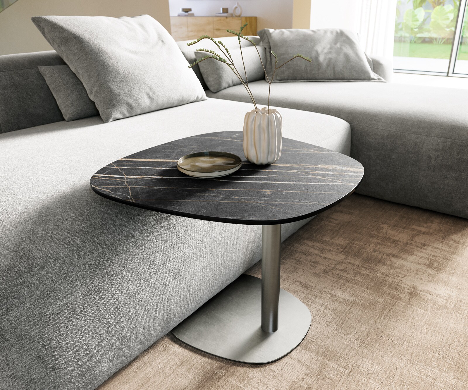 table d’appoint Edge Boot 60x60 cm céramique Laminam® Noir Desir brun Eleny acier inoxydable brossé