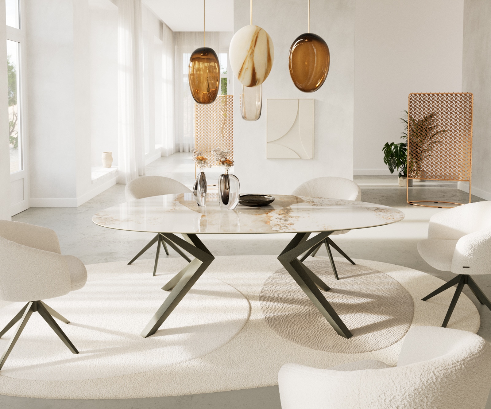 Table à manger Edge Ovale 220x120 Céramique Minas Melange Blanc-Beige Zenthara anguleux Métal finition à effet Titane 2