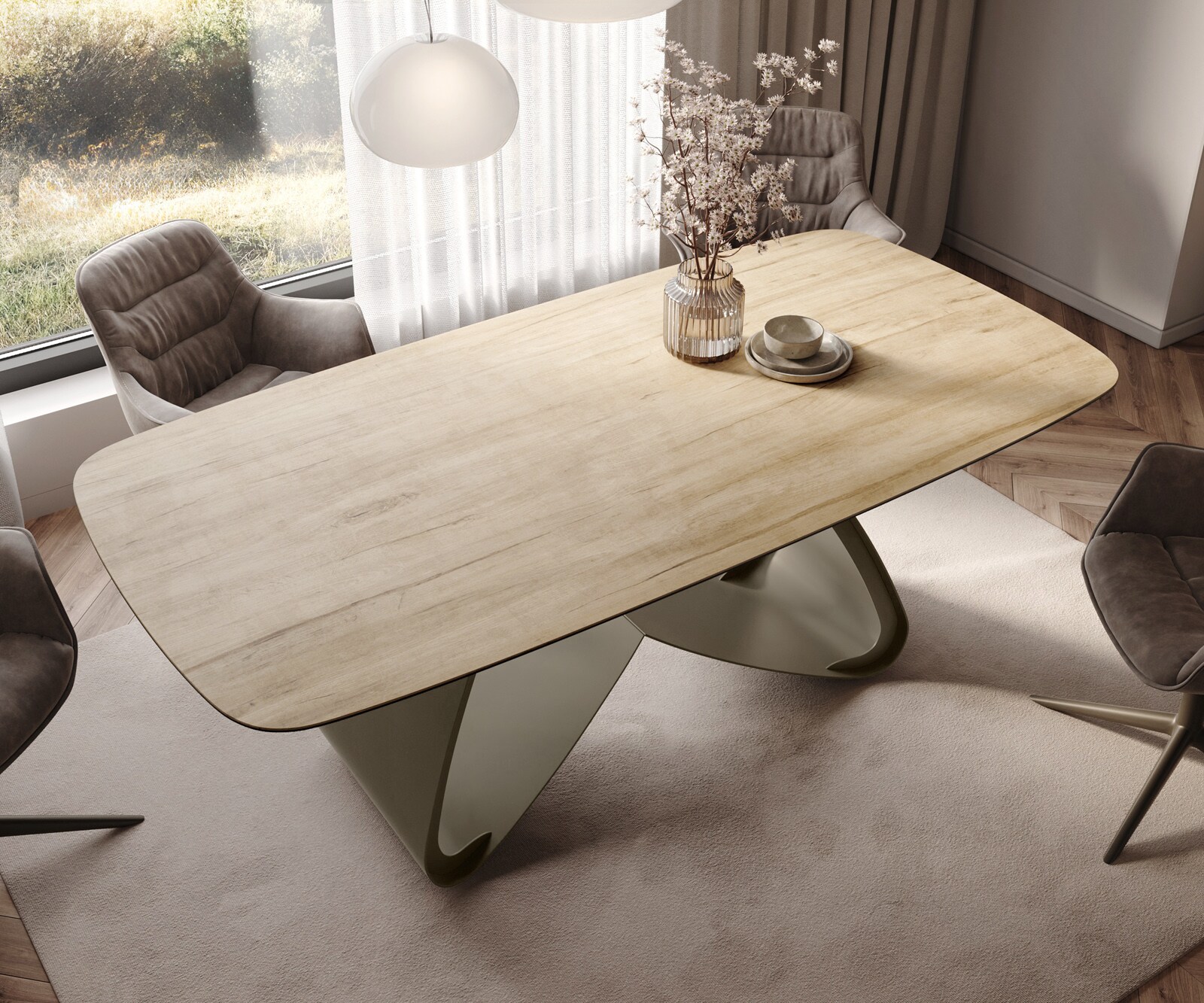 Table à manger Edge Boot 200x100 céramique Laminam® Sabbia chêne coloré cadre en W métal effet finition titanee 4