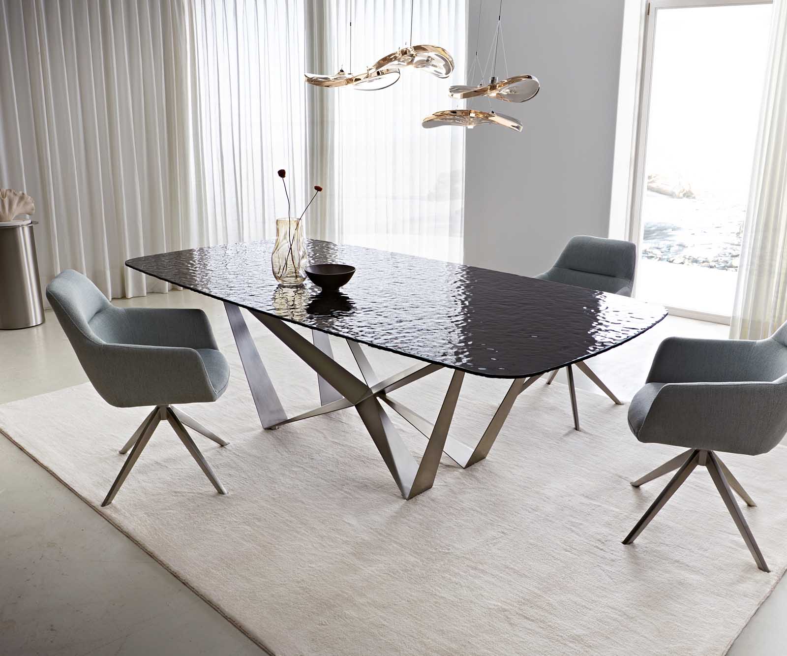 Table à manger Edge en forme de bateau 240x120 verre fondu noir fumé relief en 3D Spider acier plat acier inoxydable 1