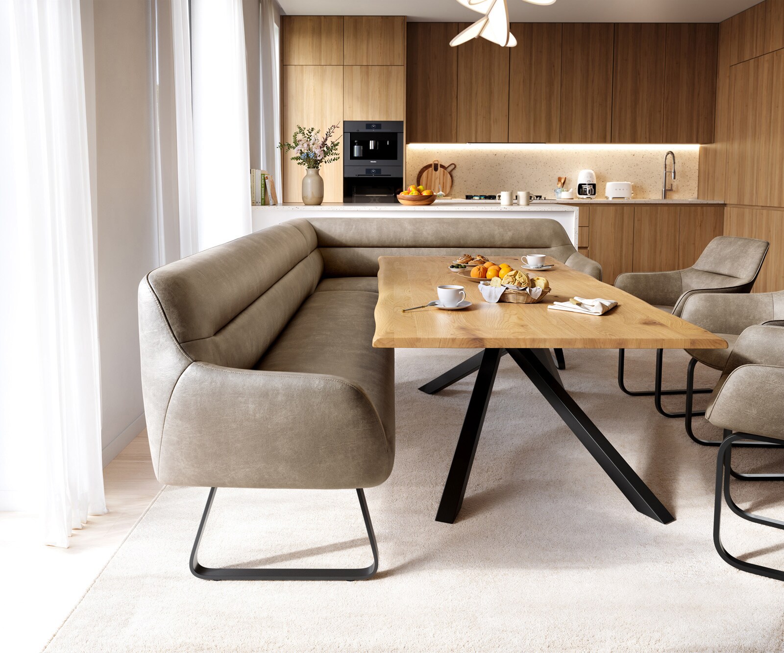 Banc-de-salle-à-manger Taya-Flex 285x190 cm microfibre beige vintage châssis à patins plat noir ressort ensaché liens 2