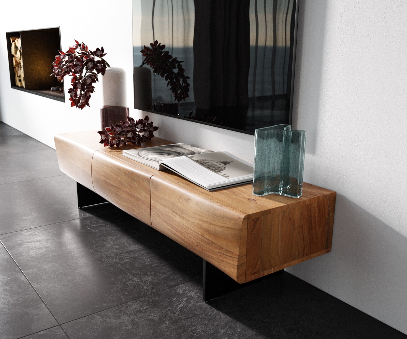 Meuble - TV New Live-Edge 145 cm acacia naturel 3 portes pied flottant métal noir 1