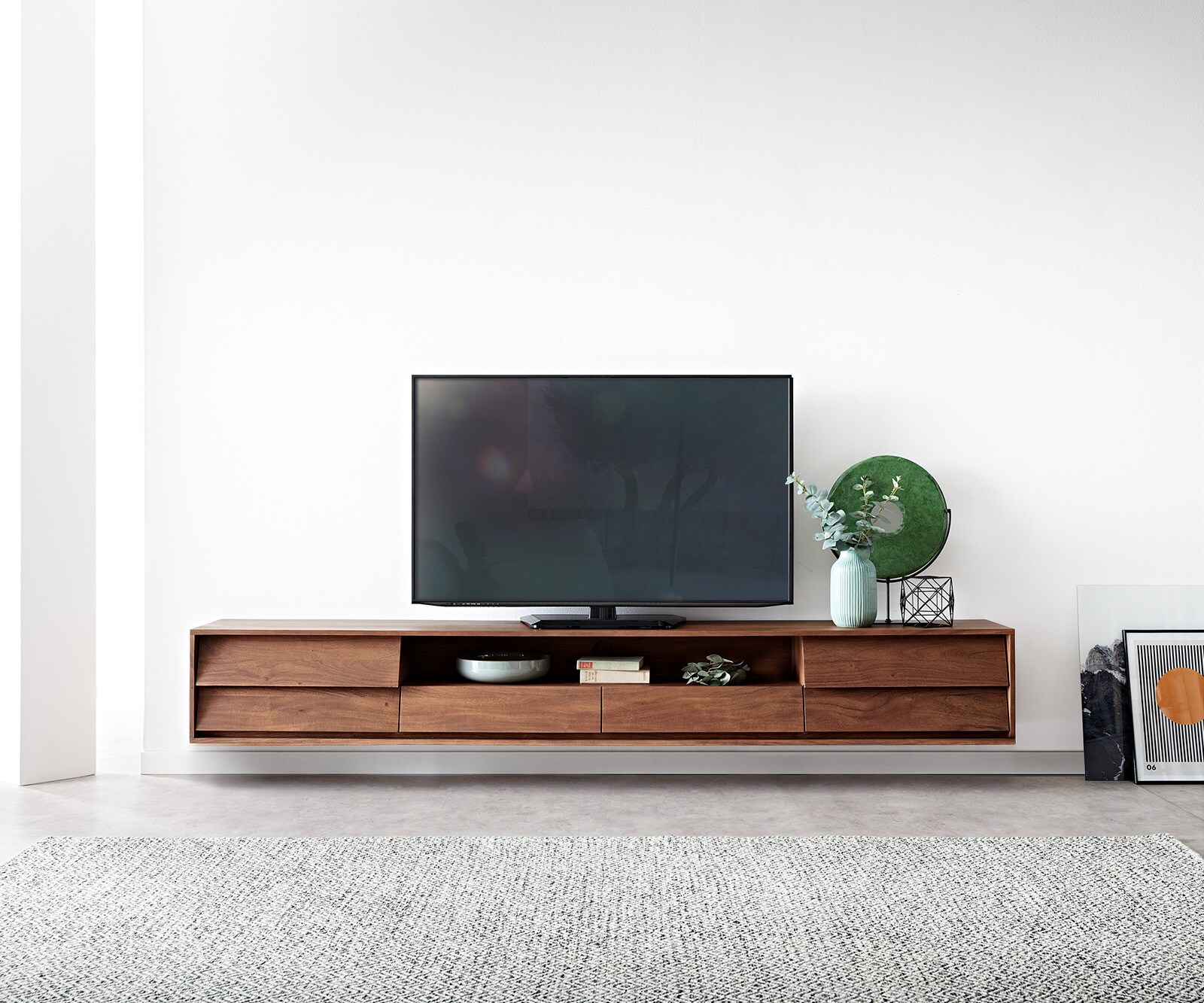 Meuble-TV Eloi 240x35 cm acacia marron 2 portes 2 tiroirs flottants 2