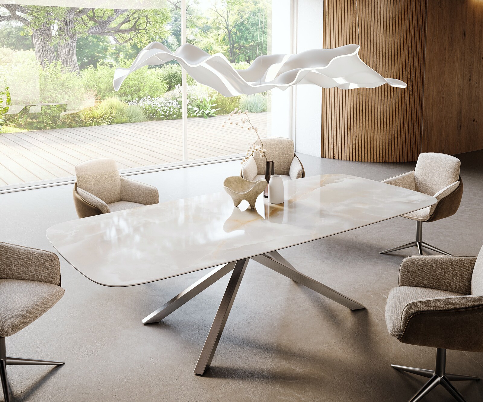 Table à manger Edge Boot 270x120 cm Céramique Iris FMG Onice Grigio piètement en croix Rectangle Acier inoxydable 1