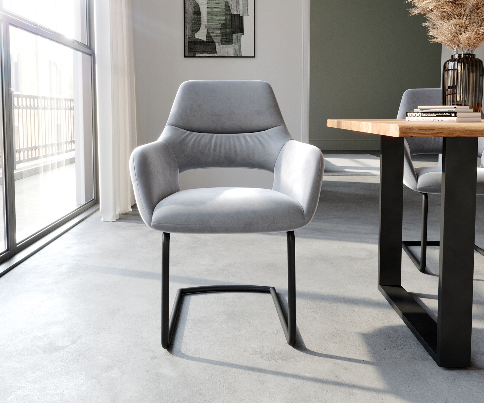 Cantilever Yago-Flex avec accoudoirs velours gris pied cantilever rond noir ressorts ensachés 1 Cantilever Yago-Flex avec accoudoirs velours gris pied cantilever rond noir ressorts ensachés 1