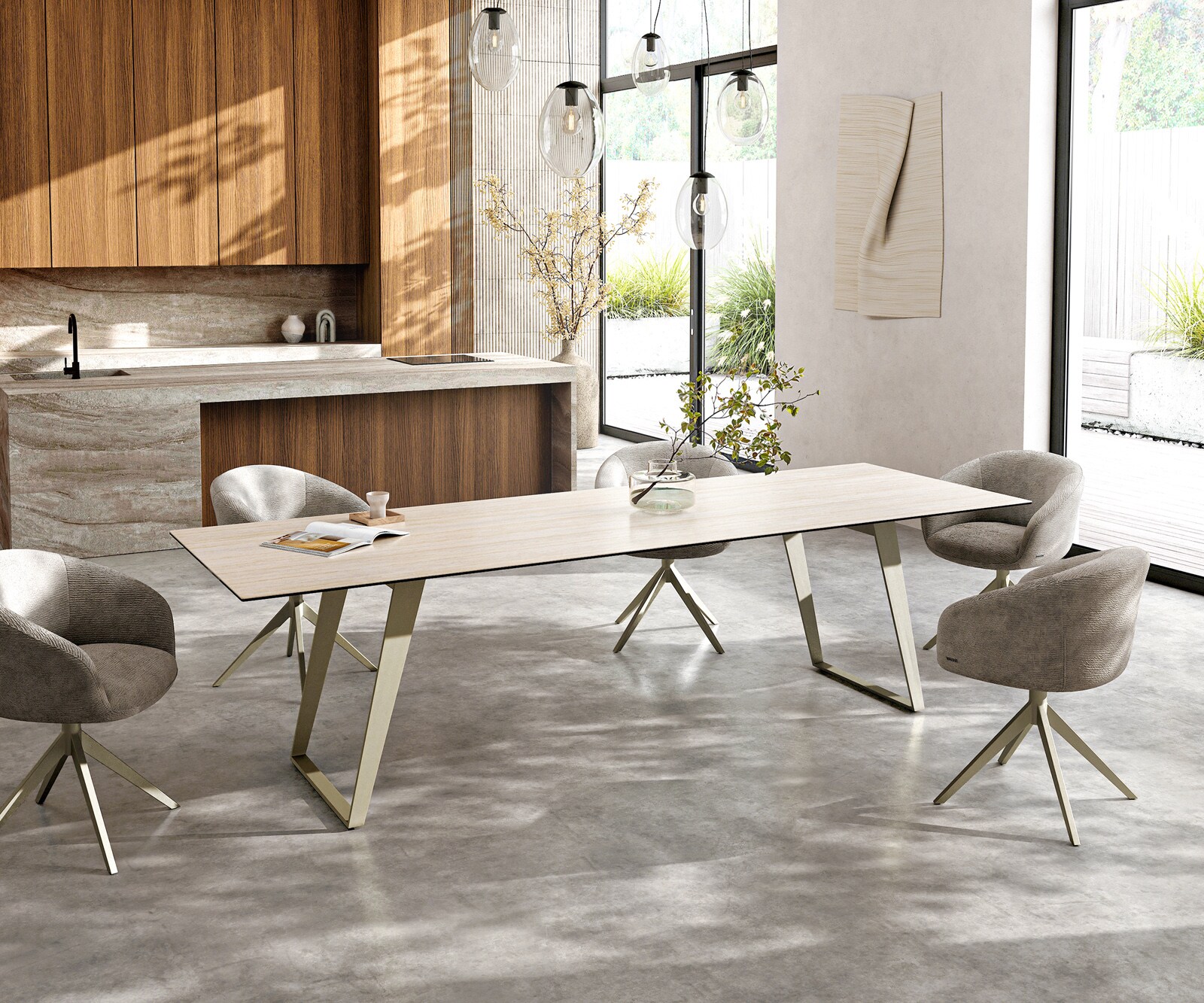 Table à manger Edge 300x100 cm Céramique Laminam®Travertino Bianco Creme-Blanc Métal Oblique Finition effet Titan 6