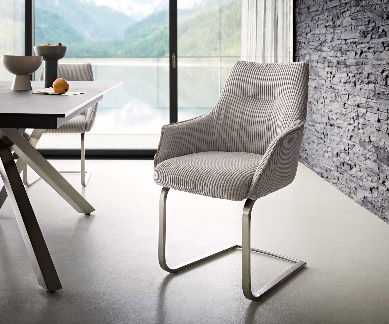 Cantilever Alja-Flex avec accoudoirs côtelé gris argenté pied cantilever plat acier inoxydable brossé ressorts ensachés