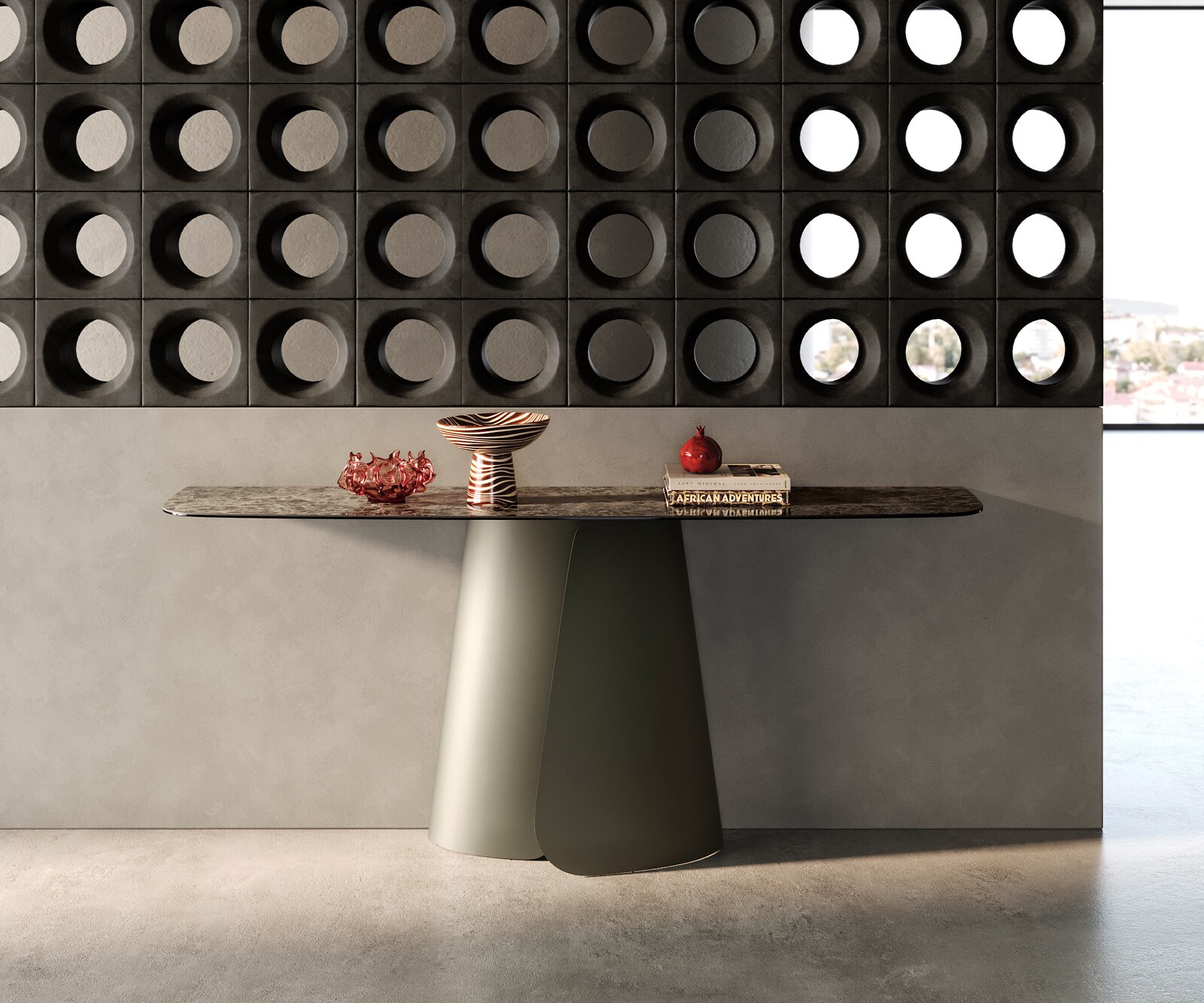 Console Edge forme bateau 180x40 cm Céramique Emperador Extra Lucidato Dunkelbraun Livos Métal Effektfinish Titan 4