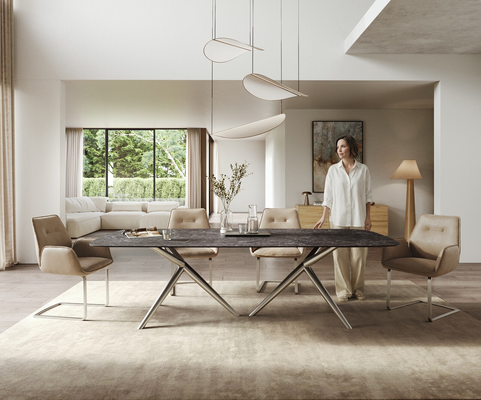 Table à manger Edge Boot 260x120 cm Céramique Laminam® Nero Greco Anthracite Estelar rond Acier inoxydable 1