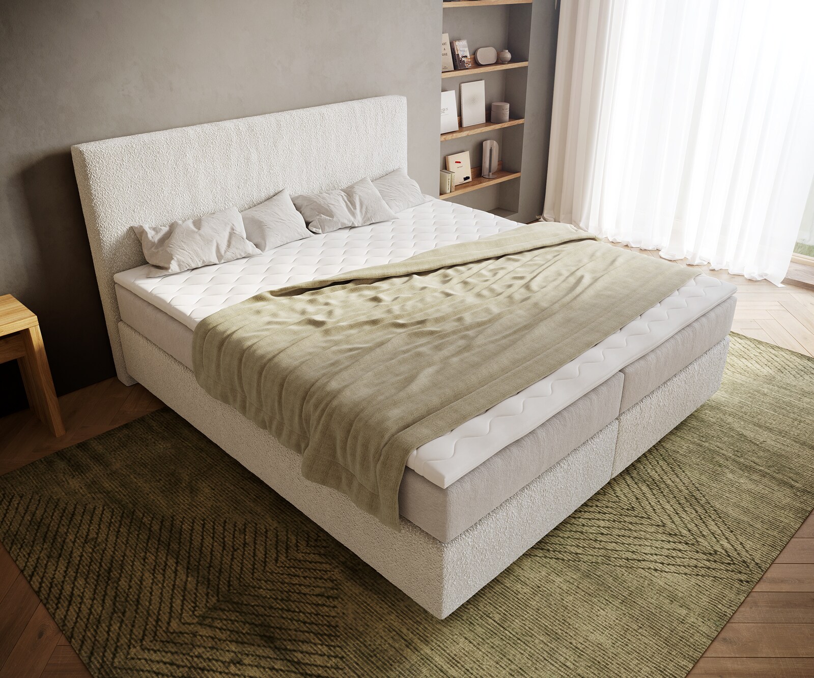 Lit-à-sommier-tapissier Dream-Well 180x200 cm Bouclé Crème-Blanc avec matelas à ressorts ensachés et surmatelas Visco 3 Lit-à-sommier-tapissier Dream-Well 180x200 cm Bouclé Crème-Blanc avec matelas à ressorts ensachés et surmatelas Visco 3