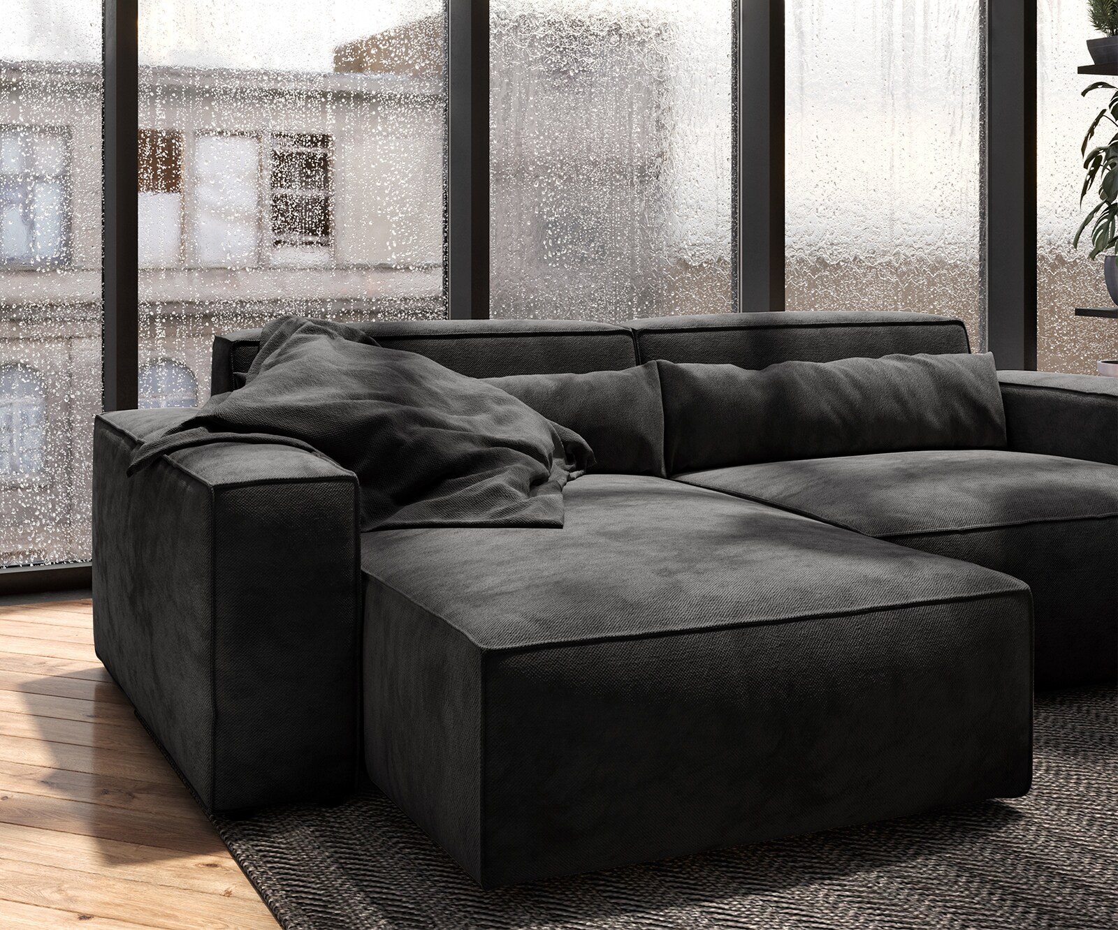 Canapé d'angle Sirpio 230x150 cm Microfibre Noir Recamiere variable avec Tabouret 4