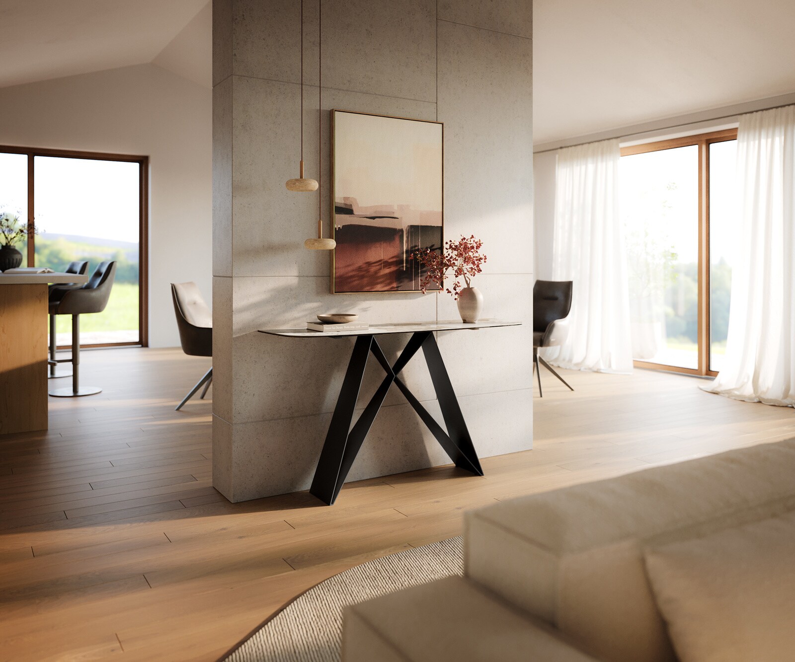 Console Edge forme bateau 140x40 cm Céramique Minas Melange Weiß-Beige Velio Métal Noir 6