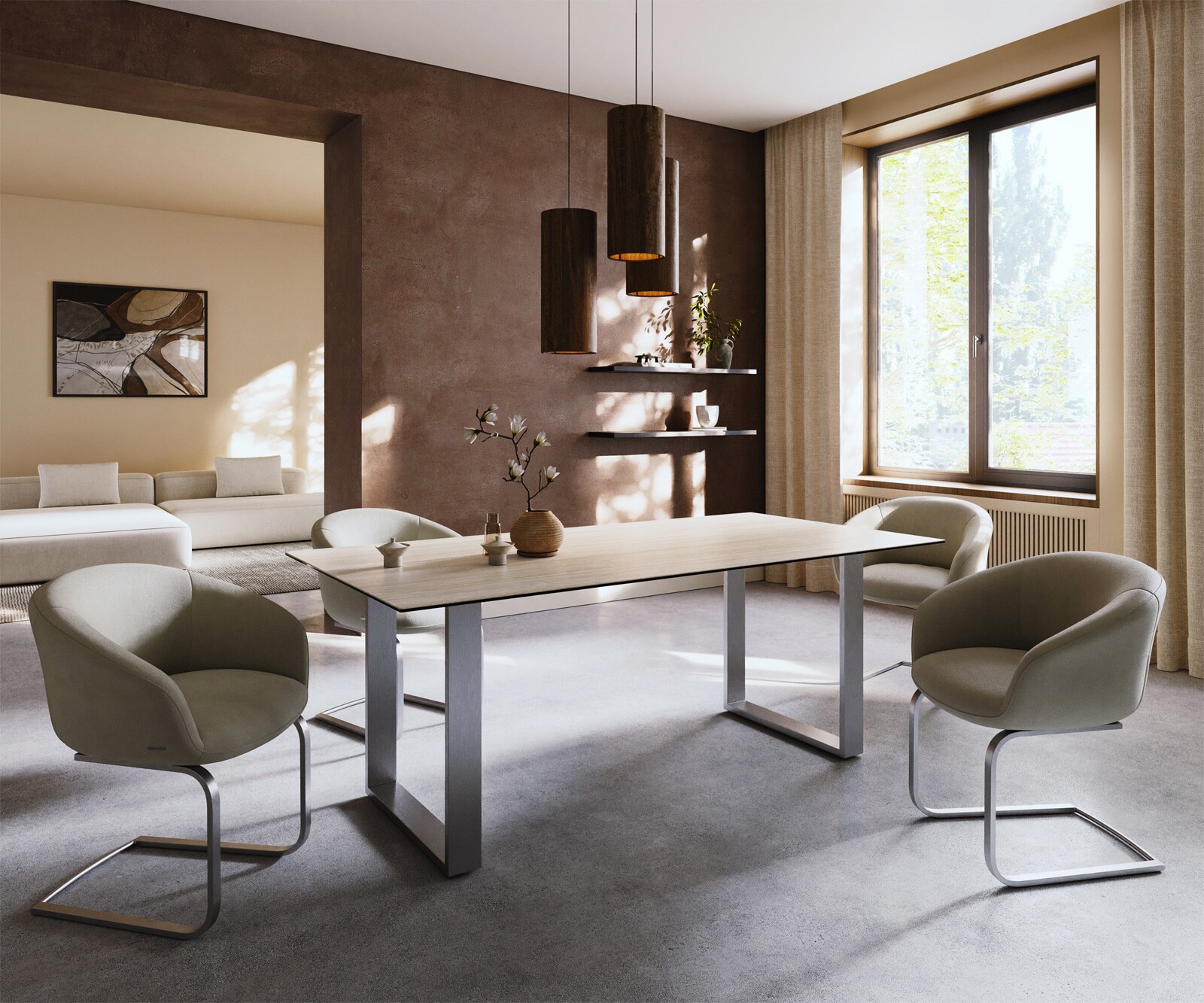 Table à manger Edge 200x100 céramique Laminam® Travertino Bianco crème-blanc acier inoxydable étroit 6