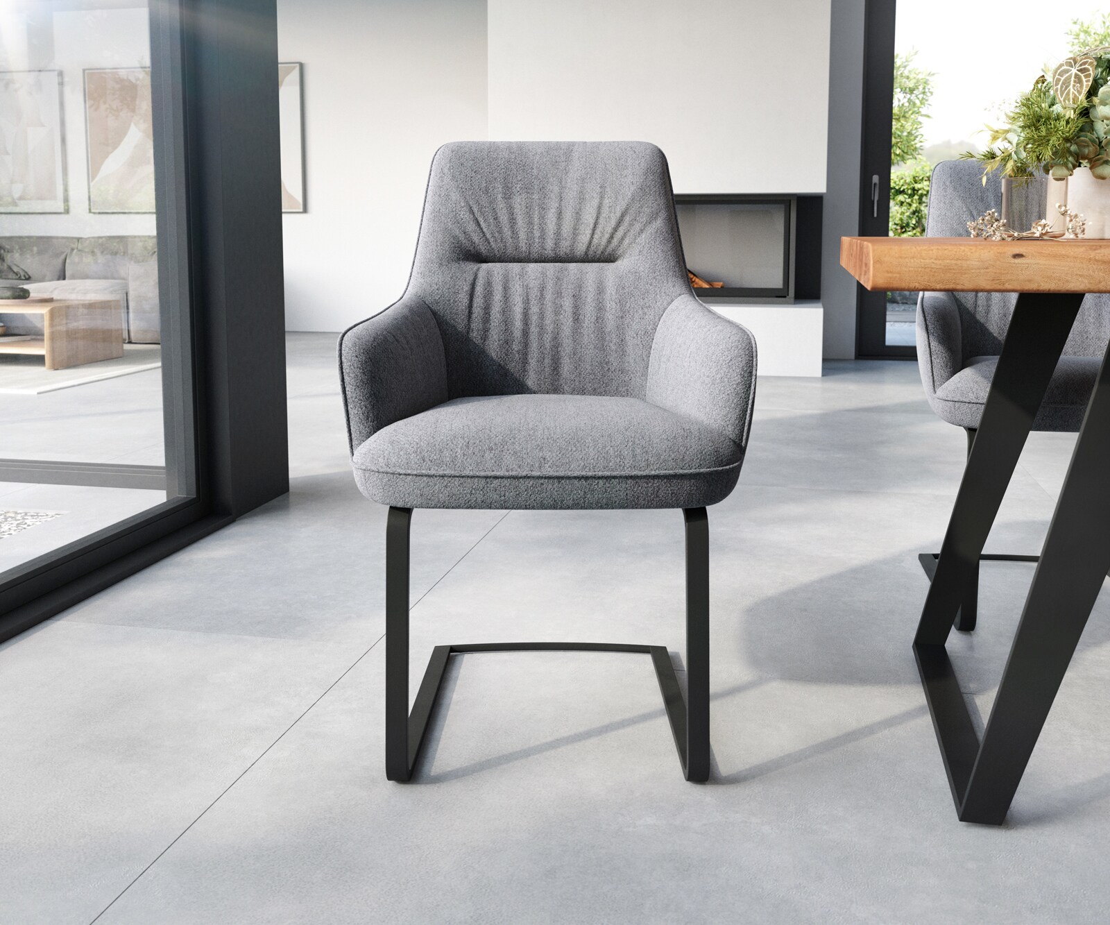Cantilever Zelia-Flex avec accoudoirs tissu texturé gris clair pied cantilever plat noir ressorts ensachés 1