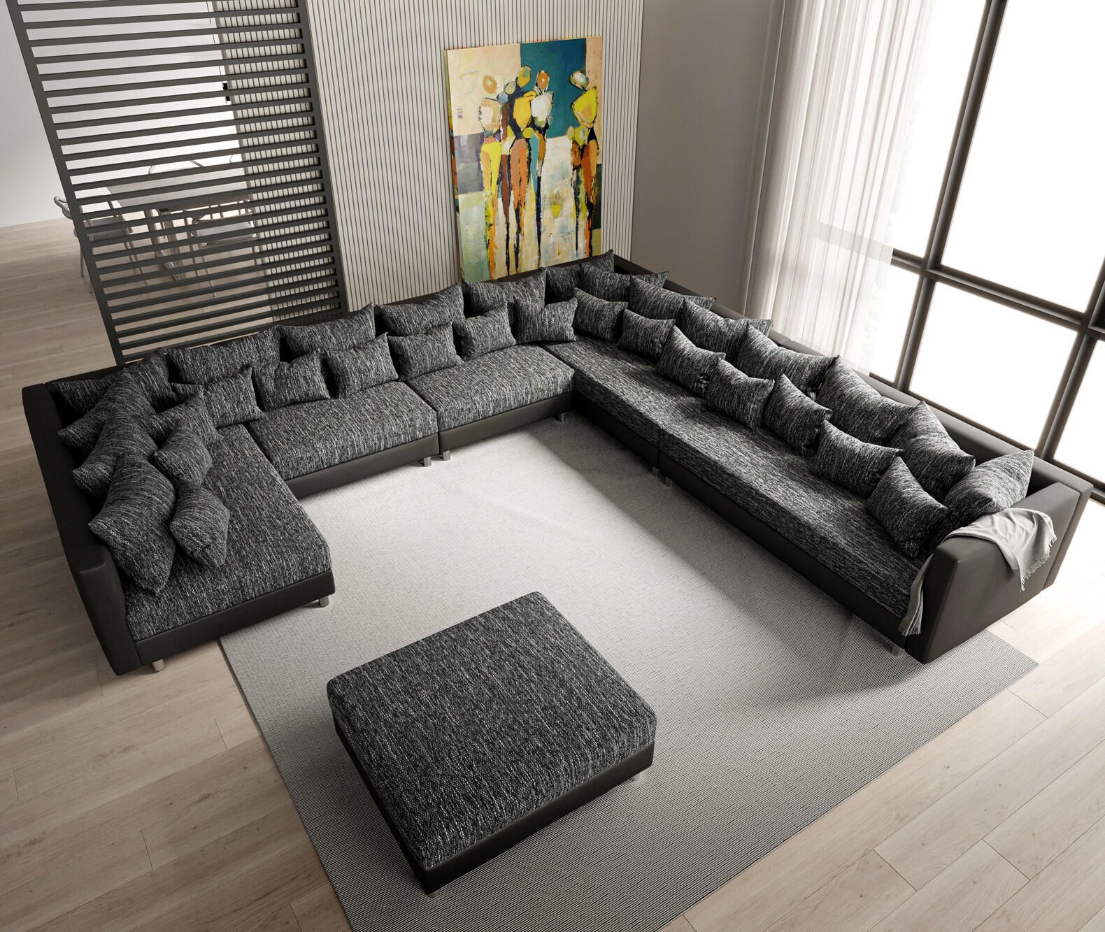 Canapé-panoramique Clovis XXL noir modulable tabouret poufs droite 1