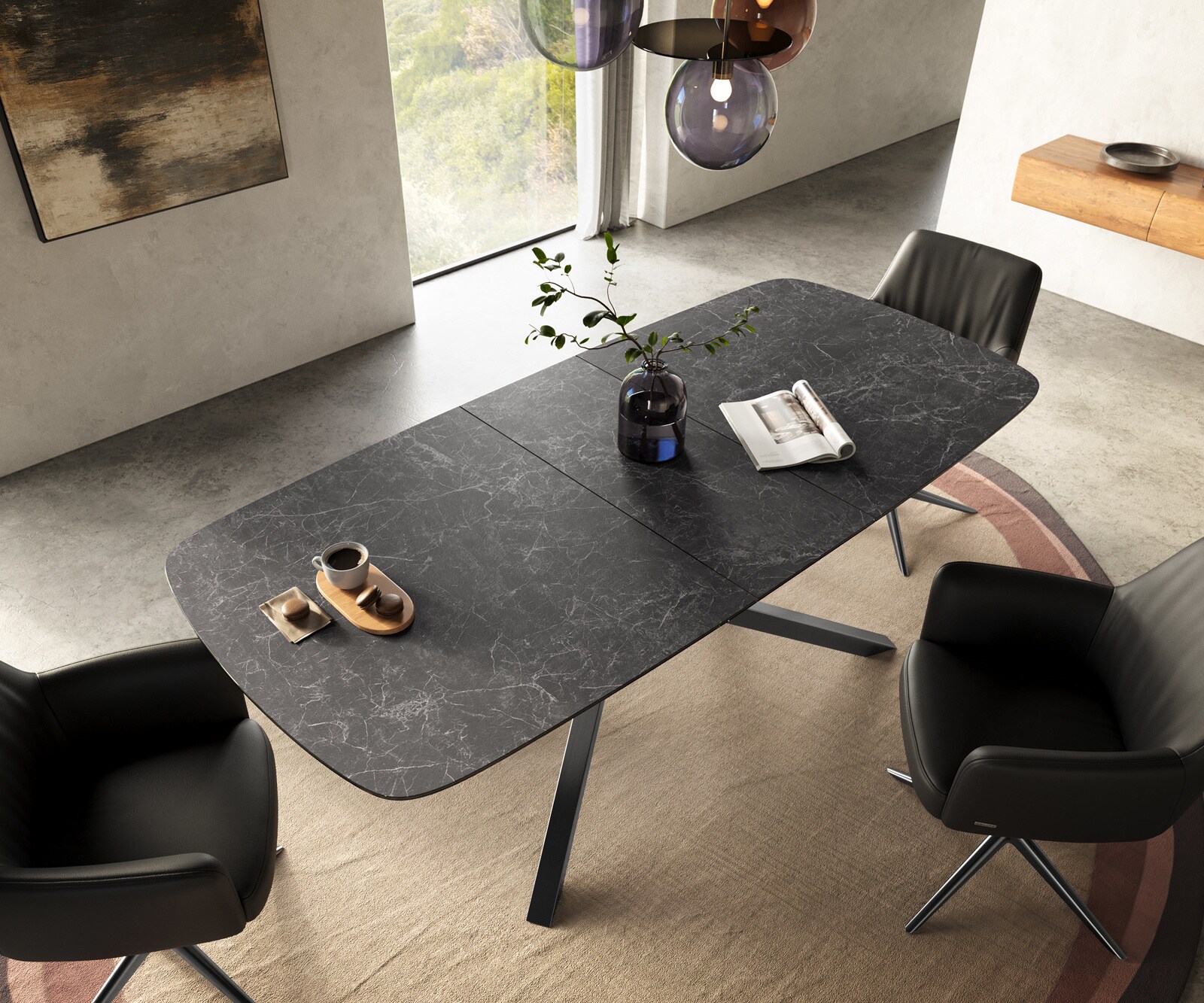 Table à manger Edge Boot 180-220x100 cm Céramique Laminam® Nero Greco Anthracite piètement en croix Rectangle Acier inoxydable Graphite extensible 4
