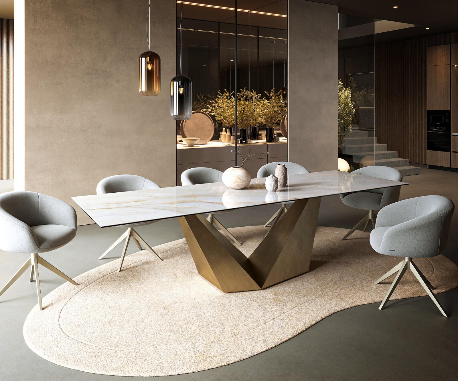 Table à manger Edge 300x100 cm céramique Onyx Pearl Prisma métal doré 7