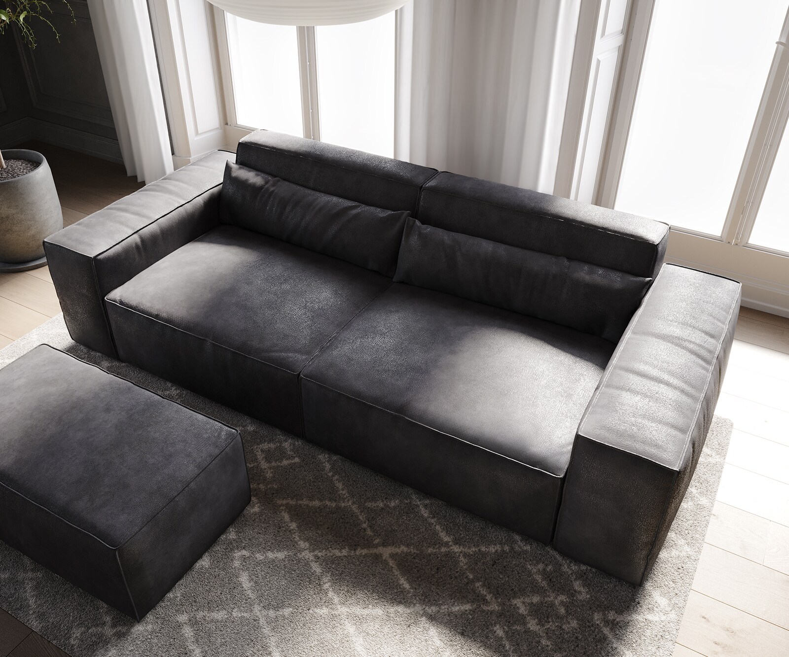 Grand Canapé Sirpio 230x95 cm Cuir synthétique Vintage Anthracite  avec Tabouret 3