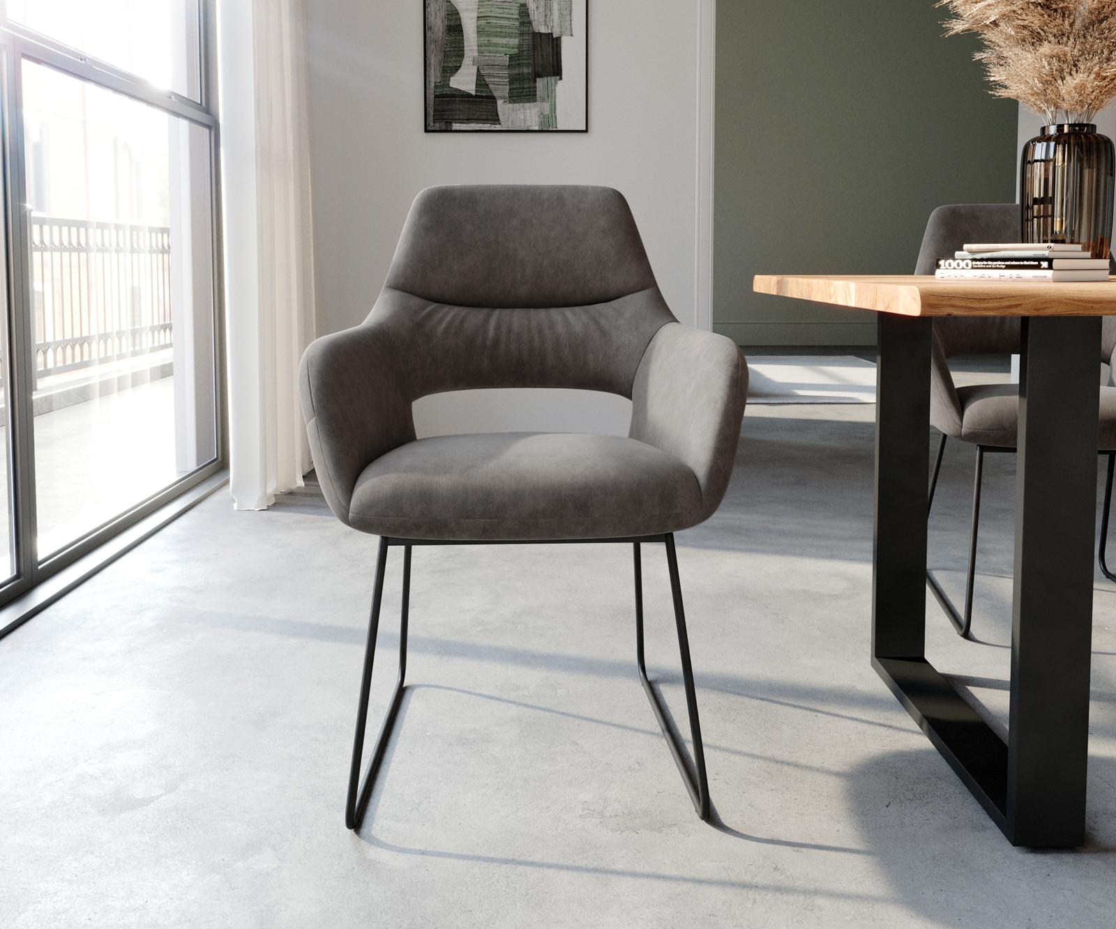 Chaise-de-salle-à-manger Yago-Flex avec accoudoirs microvelours anthracite vintage pied trapèze noir ressorts ensachés 2