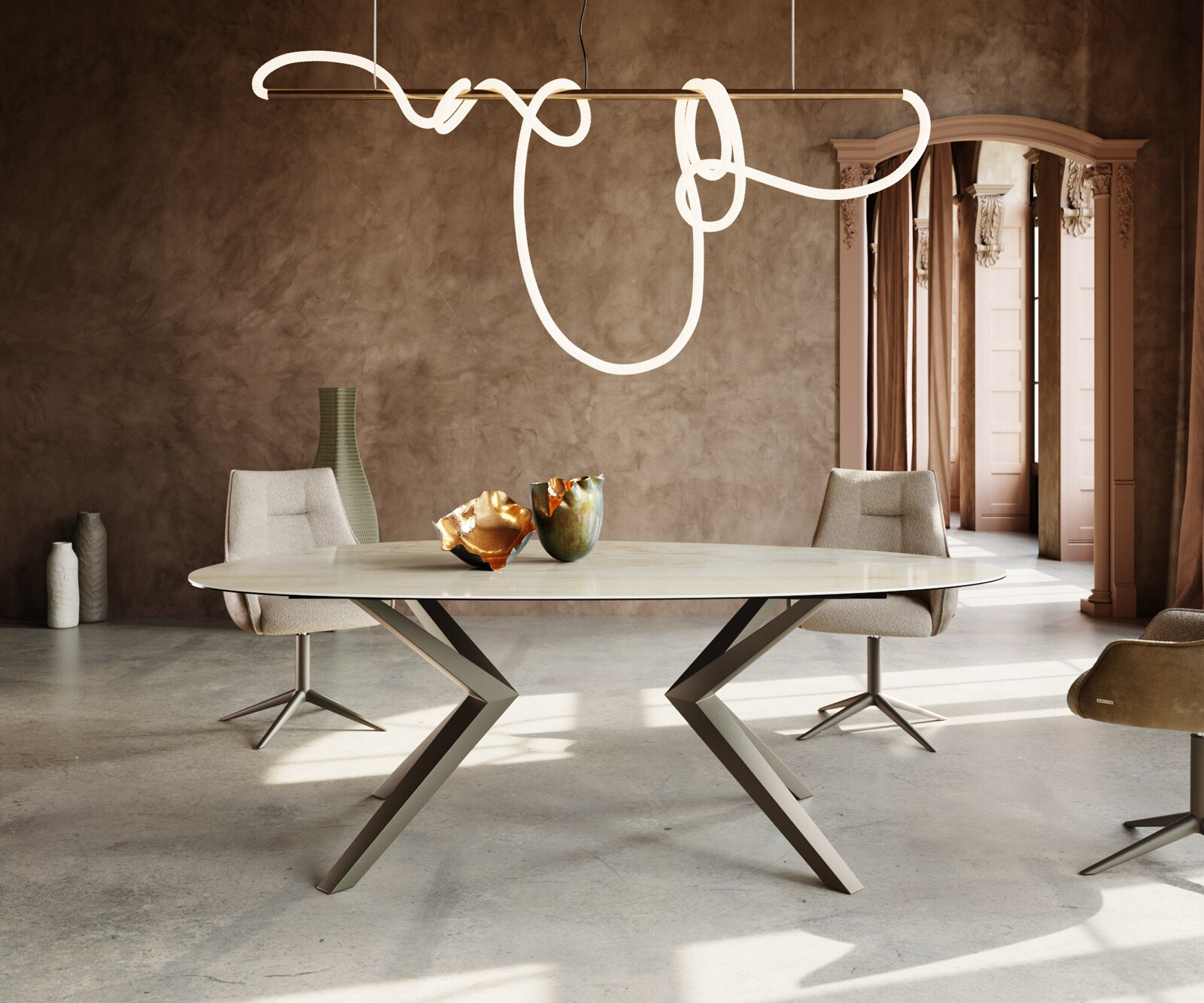 Table à manger Edge Ovale 220x120 Céramique Iris FMG Onice Oro Zenthara anguleux Métal finition à effet Titane 1