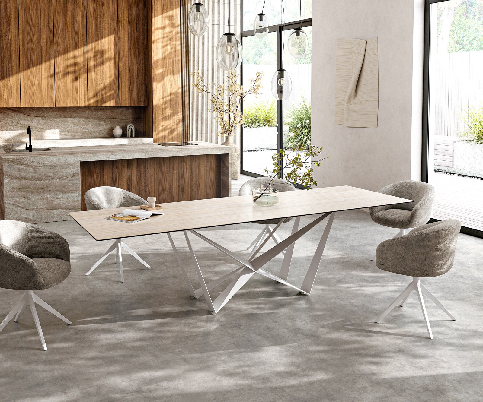 Table à manger Edge 300x100 céramique Laminam® Travertino Bianco crème-blanc Spider métal blanc