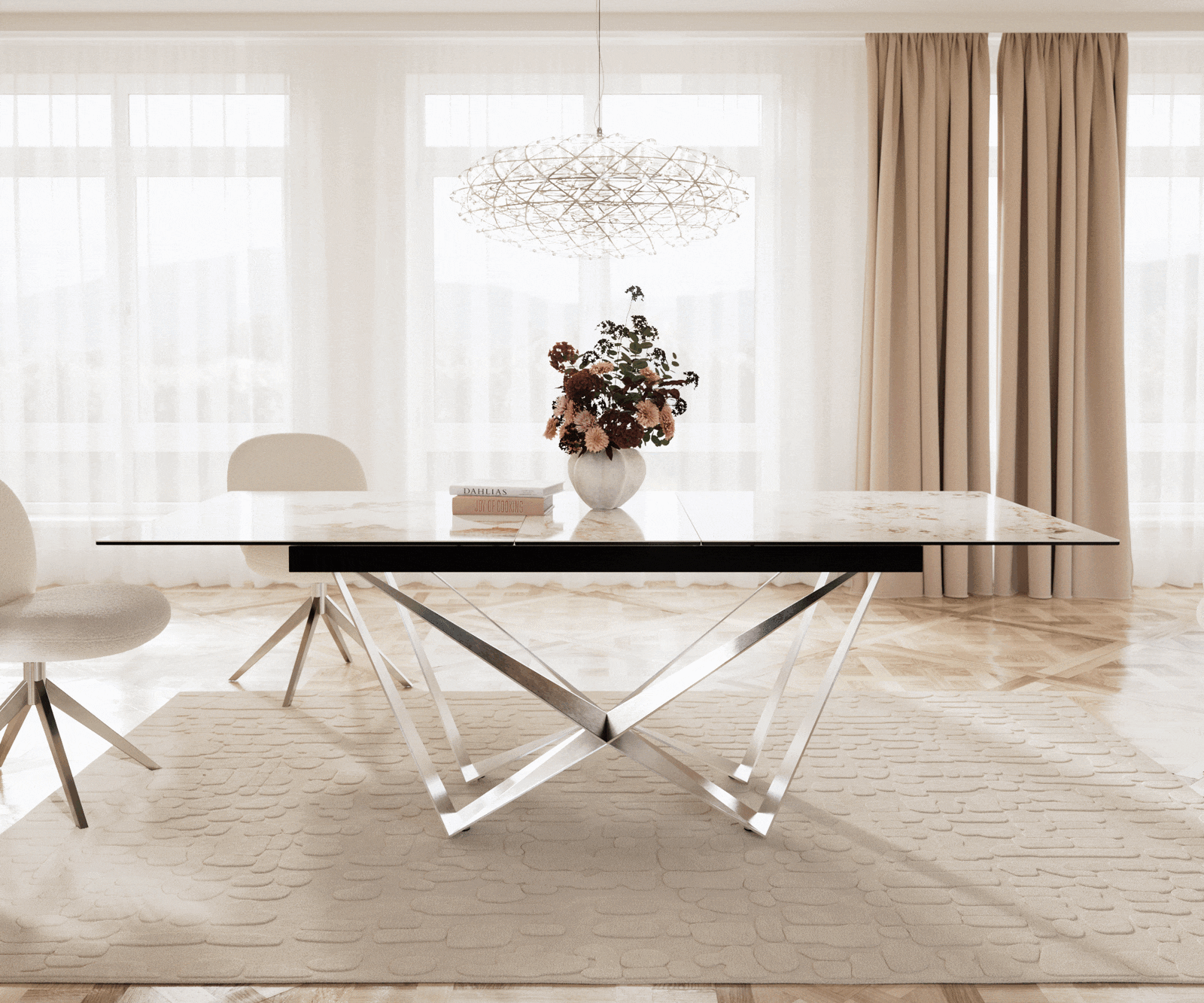 Table à manger Edge 180-220x100 céramique Minas mélange blanc-beige Spider acier plat acier inoxydable extensible 1 Table à manger Edge 180-220x100 céramique Minas mélange blanc-beige Spider acier plat acier inoxydable extensible 1