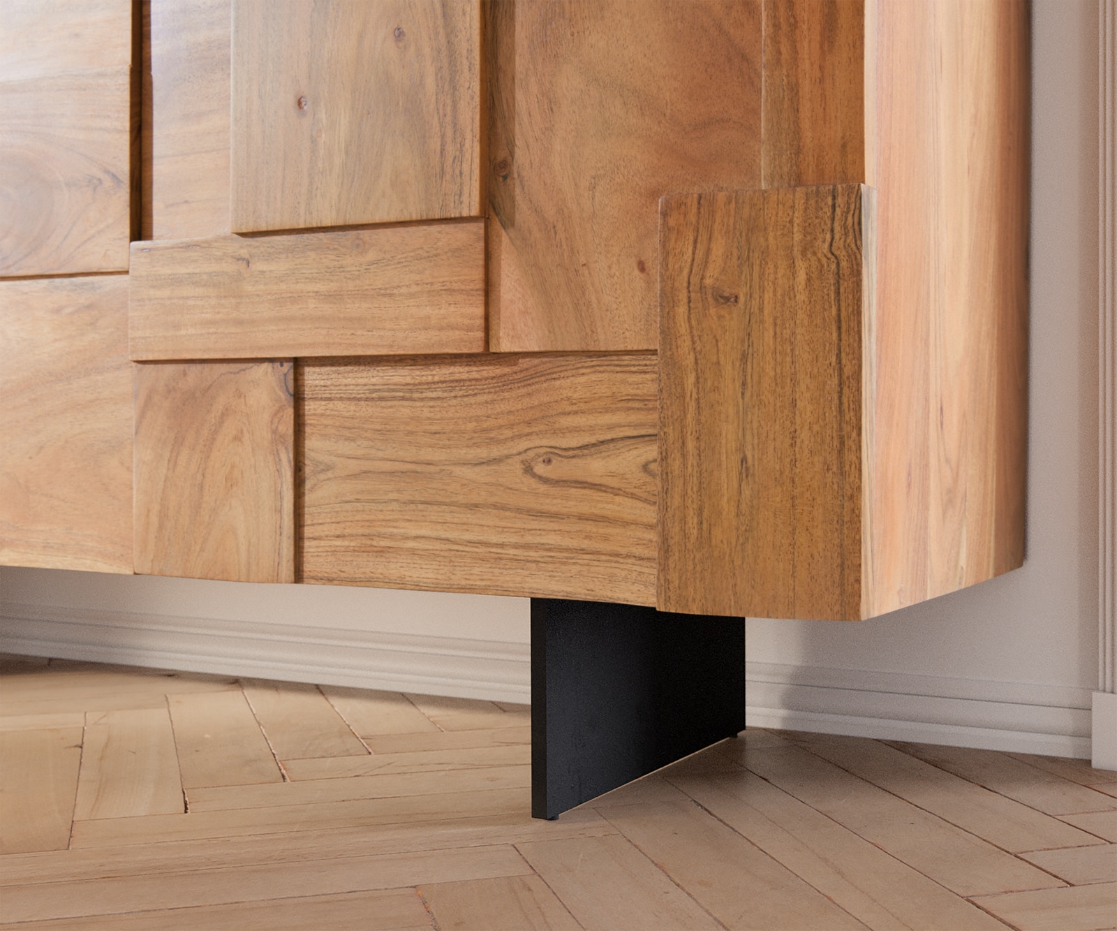 Buffet Puzzle 145 cm acacia naturel pied flottant métal noir 4 Buffet Puzzle 145 cm acacia naturel pied flottant métal noir 4