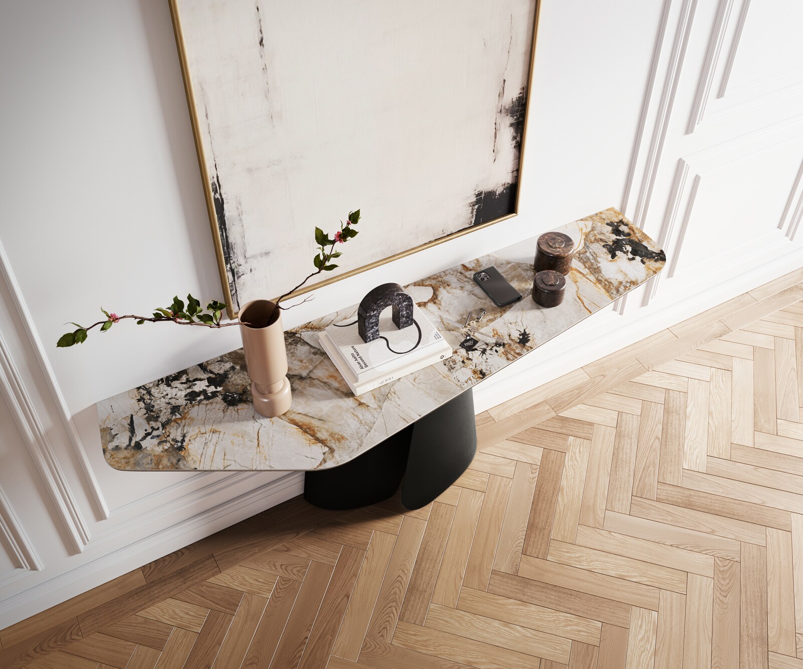 Console Edge Polygonal 180x50 cm Céramique Patagonia Poliert Livos Métal Noir 1