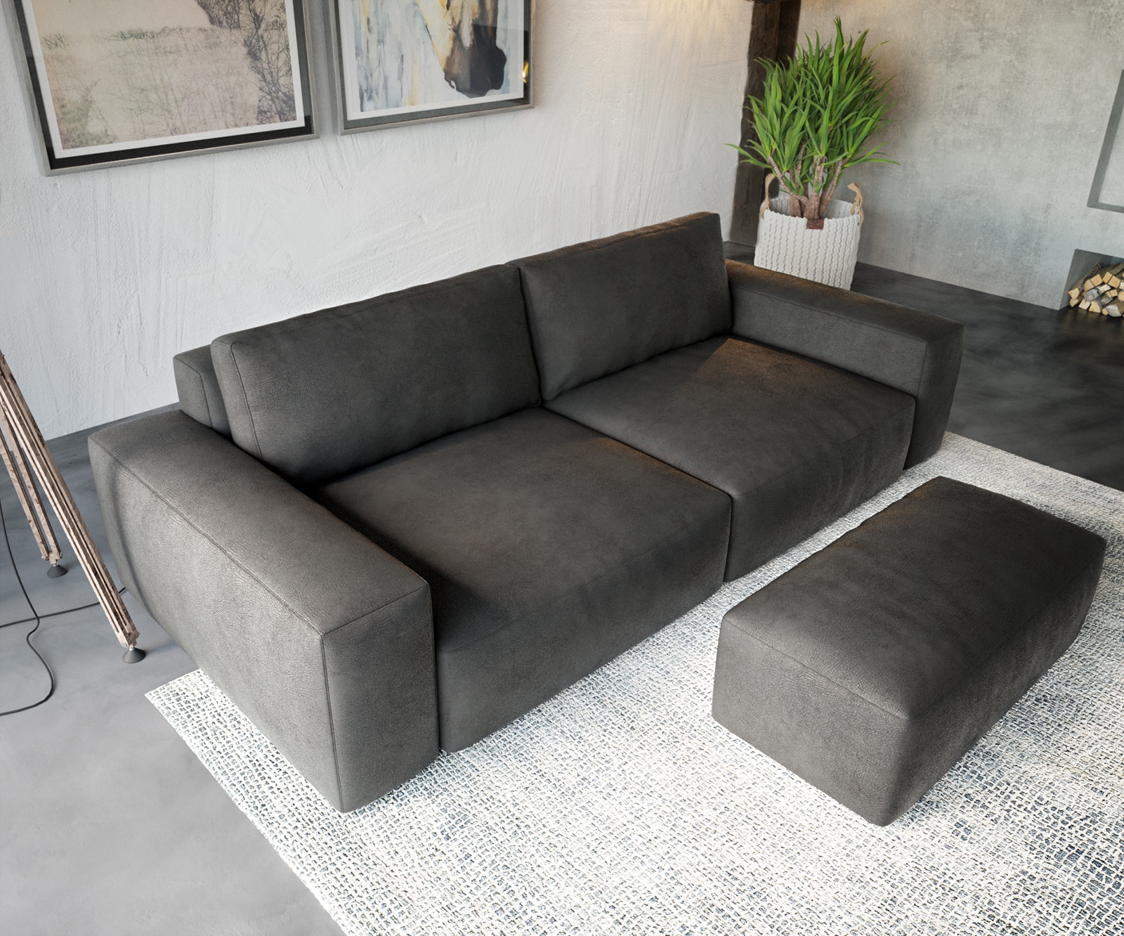 Grand Canapé Lanzo XL 270x130 cm imitation cuir vintage anthracite avec Tabouret 3 Grand Canapé Lanzo XL 270x130 cm imitation cuir vintage anthracite avec Tabouret 3