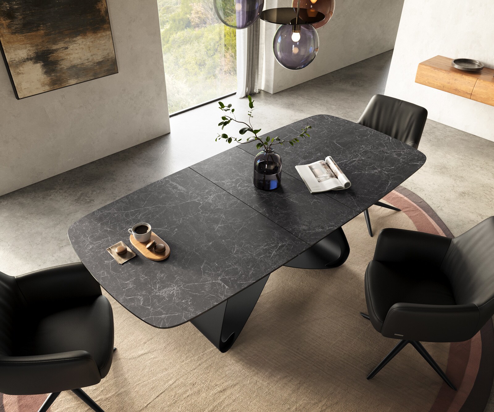 Table à manger Edge Boot 180-220x100 cm Céramique Laminam® Nero Greco Anthracite piètement en W Noir extensible 4