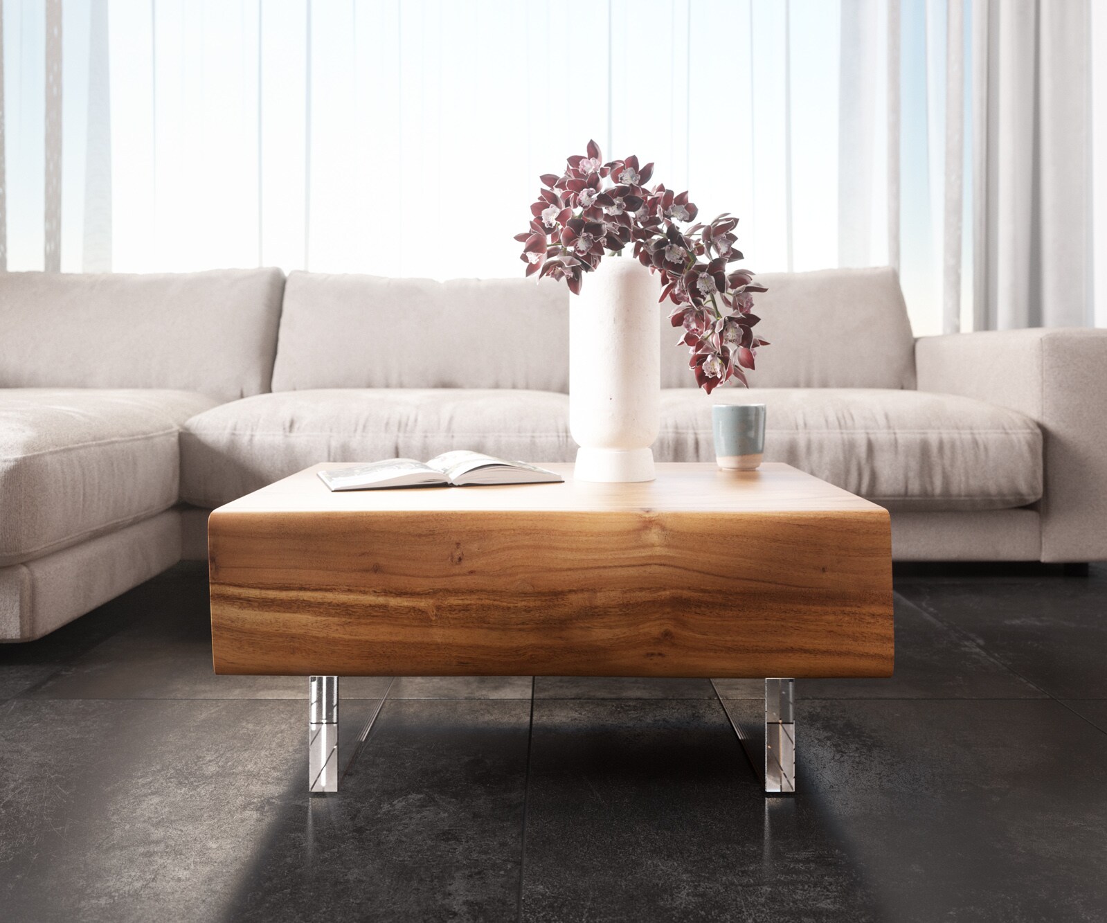 Table-basse New Live-Edge 80x60 cm acacia naturel 2 tiroirs pied acrylique 1