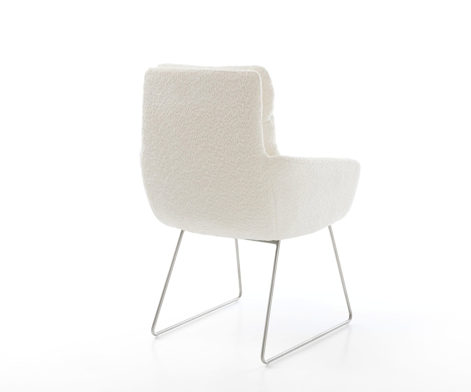 Chaise-de-salle-à-manger Abelia-Flex avec accoudoirs bouclé blanc pied trapèze acier inoxydable brossé 4 Chaise-de-salle-à-manger Abelia-Flex avec accoudoirs bouclé blanc pied trapèze acier inoxydable brossé 4
