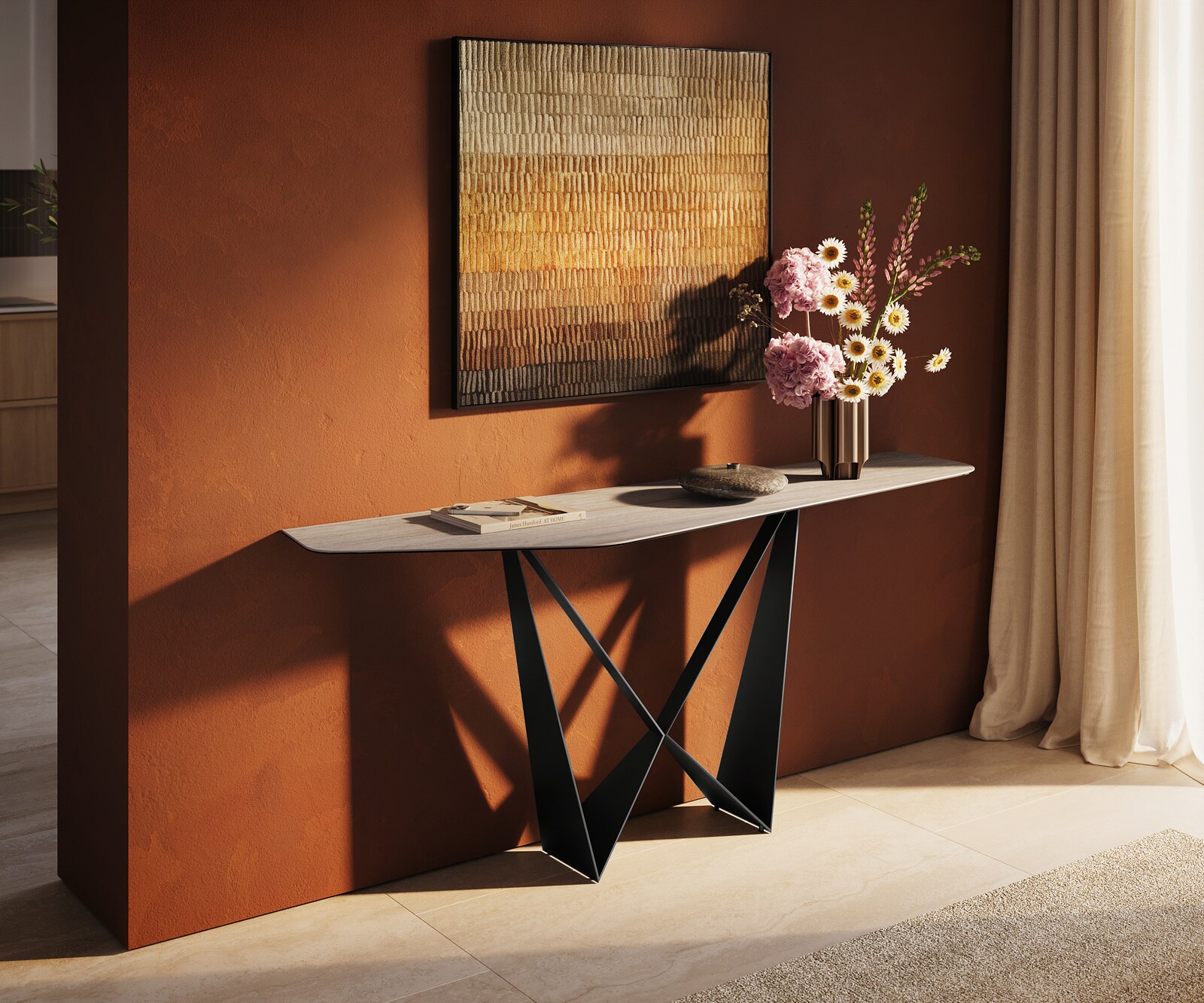 Console Edge Polygonal 180x50 cm Céramique Laminam® Travertino Bianco Creme-Weiß Spios Métal Noir 4