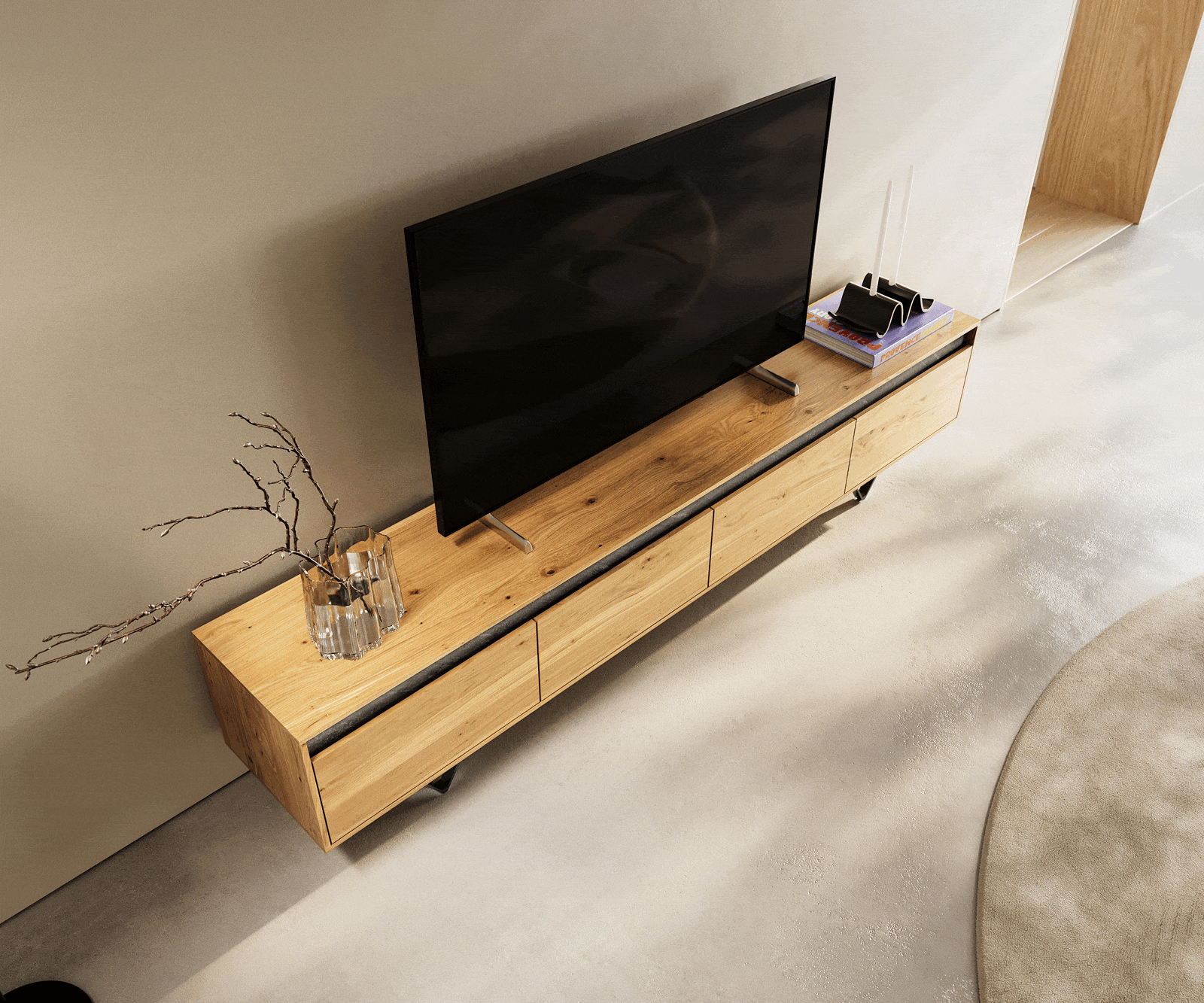Meuble-TV design Stonegrace 200 cm chêne naturel ardoise 4 tiroirs pied en V métal noir 3