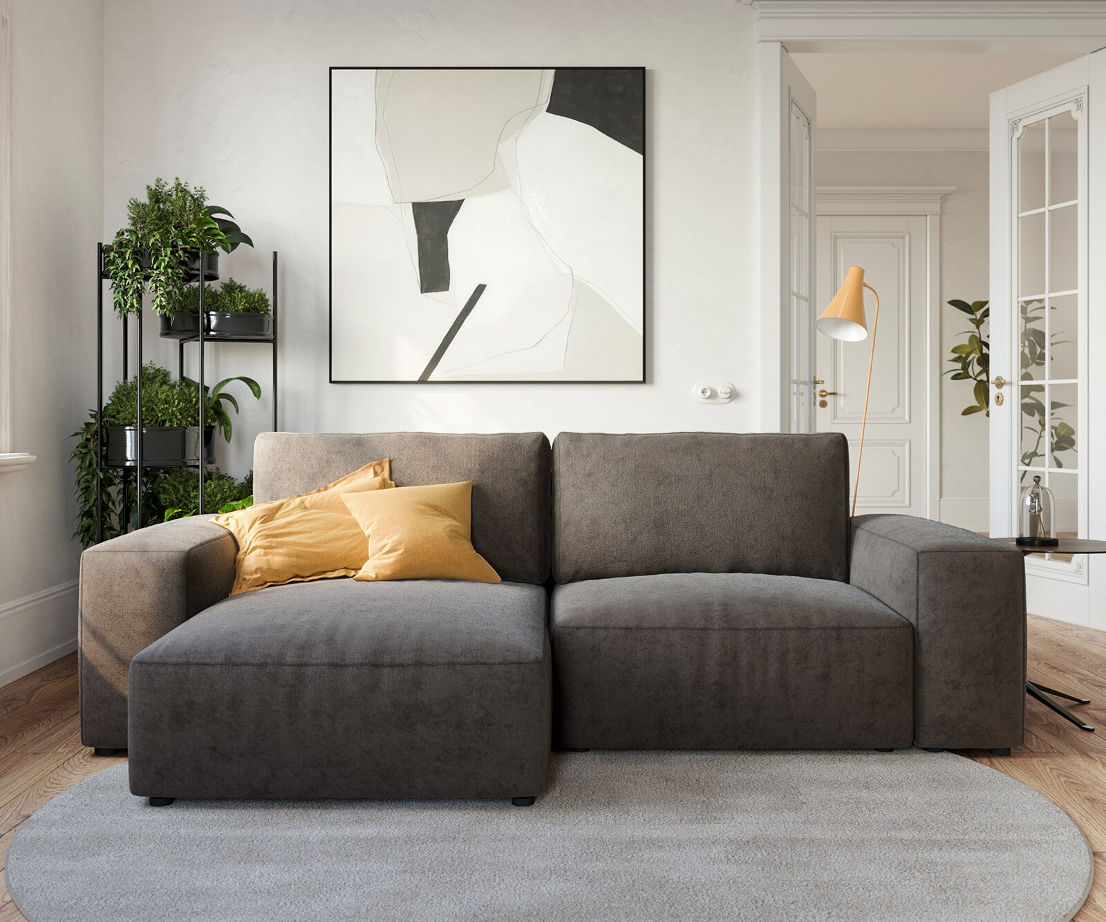 Canapé d’angle Lanzo 230x155 cm microfibre brun kaki méridienne réversible 1