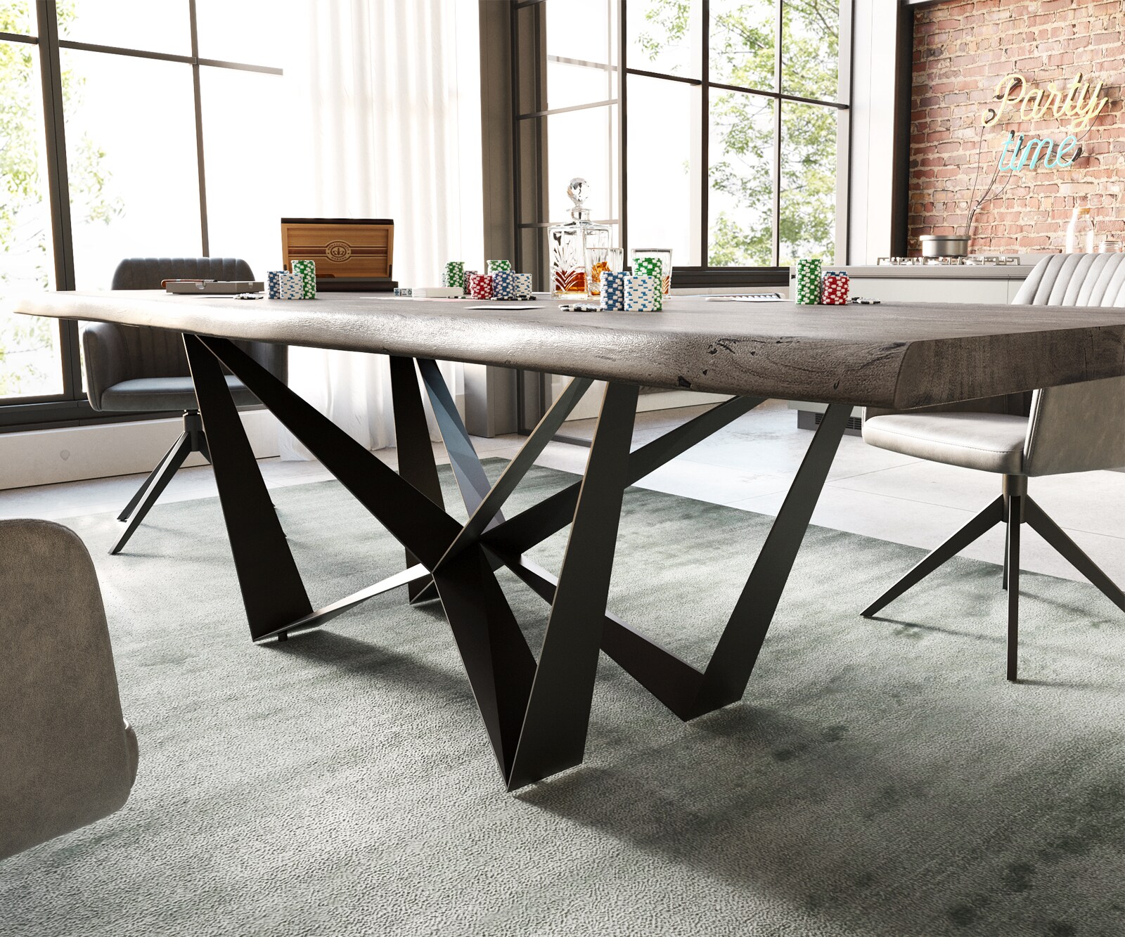 Table à manger Edge 260x100 XL acacia platine Spider acier plat noir Live-Edge 3