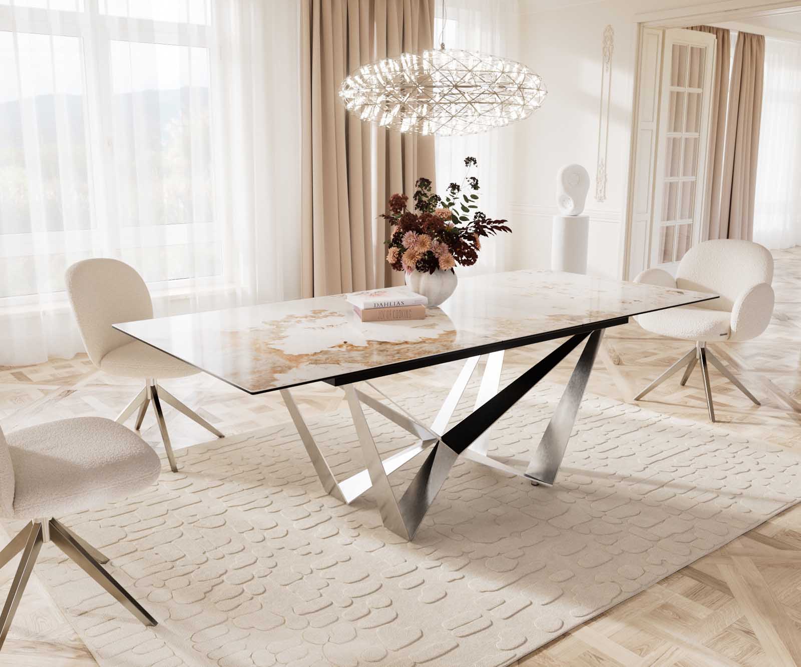 Table à manger Edge 180-220x100 céramique Minas mélange blanc-beige Spider acier plat acier inoxydable extensible Table à manger Edge 180-220x100 céramique Minas mélange blanc-beige Spider acier plat acier inoxydable extensible