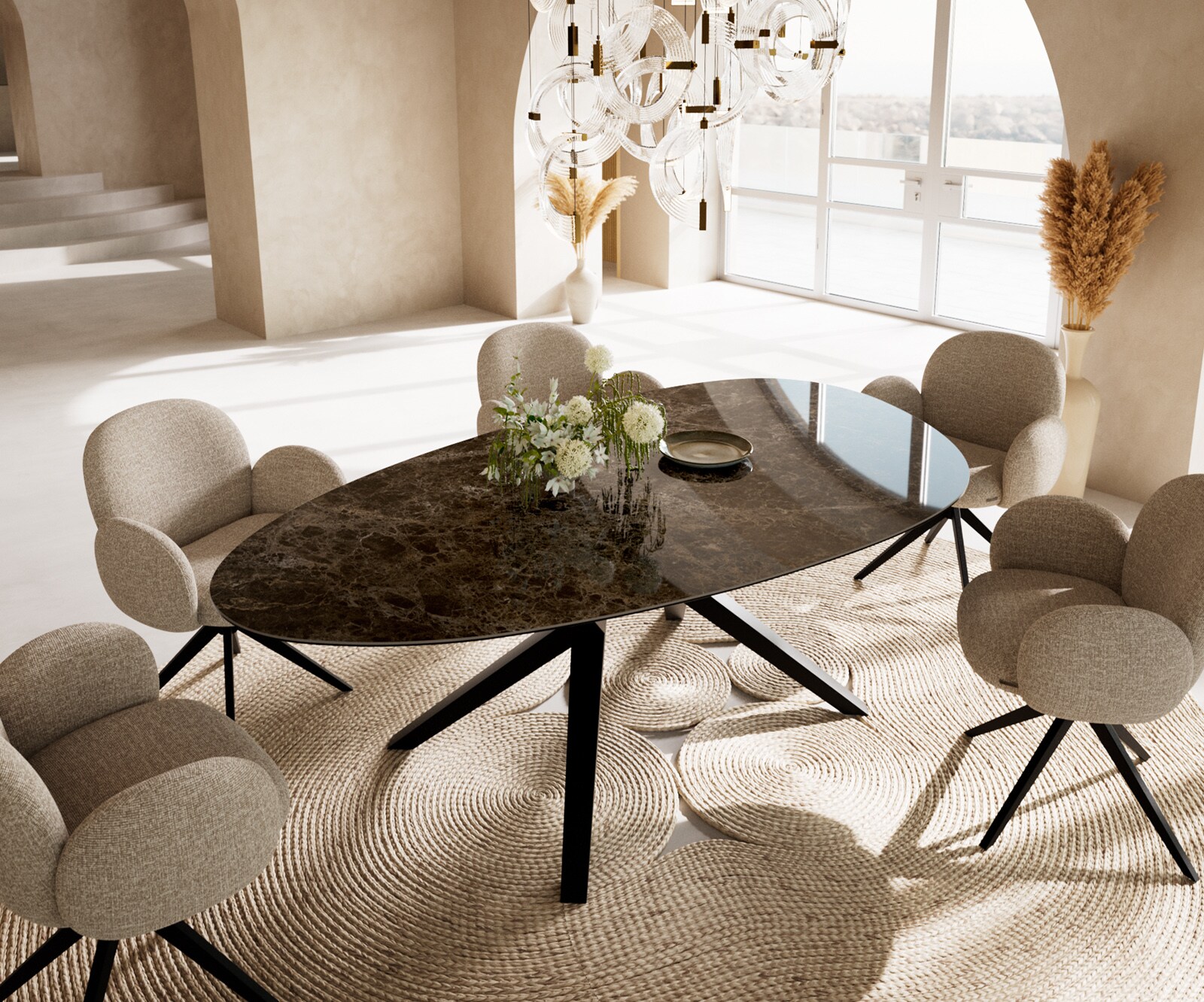 Table à manger Edge Ovale 220x120 Céramique Laminam®Emperador Extra Lucidato Marron foncé Zenthara anguleux Métal Noir