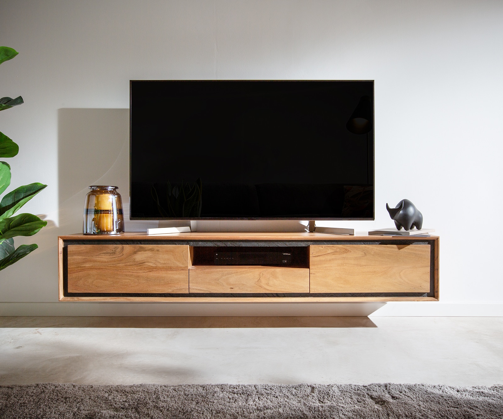 Buffet bas Stonegrace 175 cm acacia nature 2 portes 1 compartiment 1 tiroir placage en pierre flottant 2